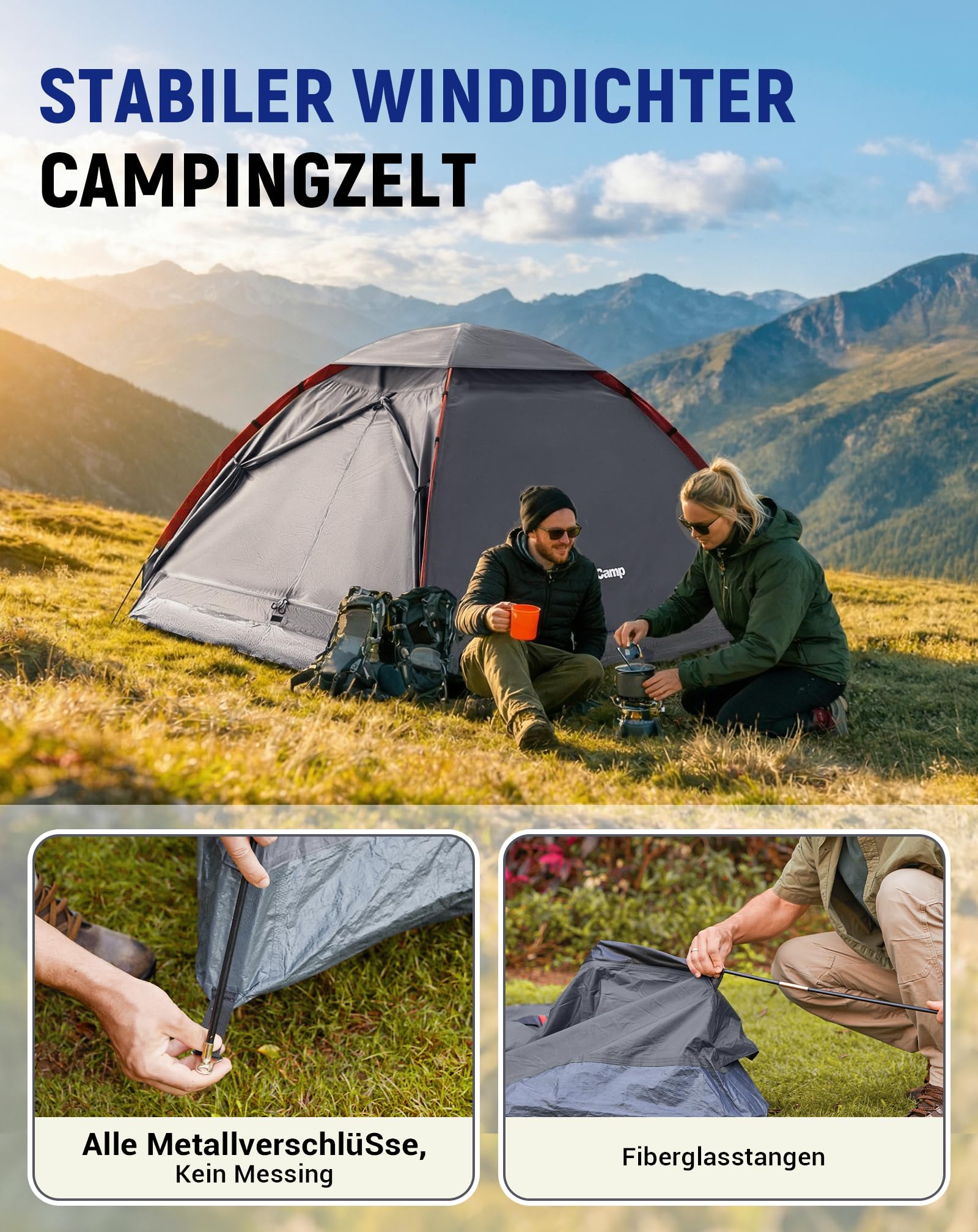 KingCamp 2-3 Personen Zelt Wasserdicht 3000mm Ultraleicht Camping Zelt mit Übergroßer Regenkappe & Reflektierenden Seilen -Kuppelzelte für Festival,Wochenend-Camping, Reisen - 210x180x130cm