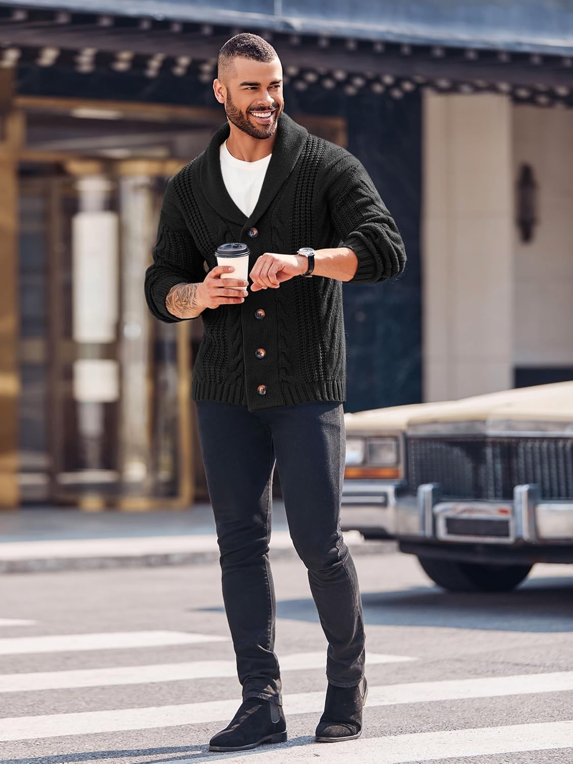 Mens Shawl Collar Cardigan Sweater Cable Knit Button Chunky Long Sleeve Winter Fisherman Casual Cardigans - Image 4