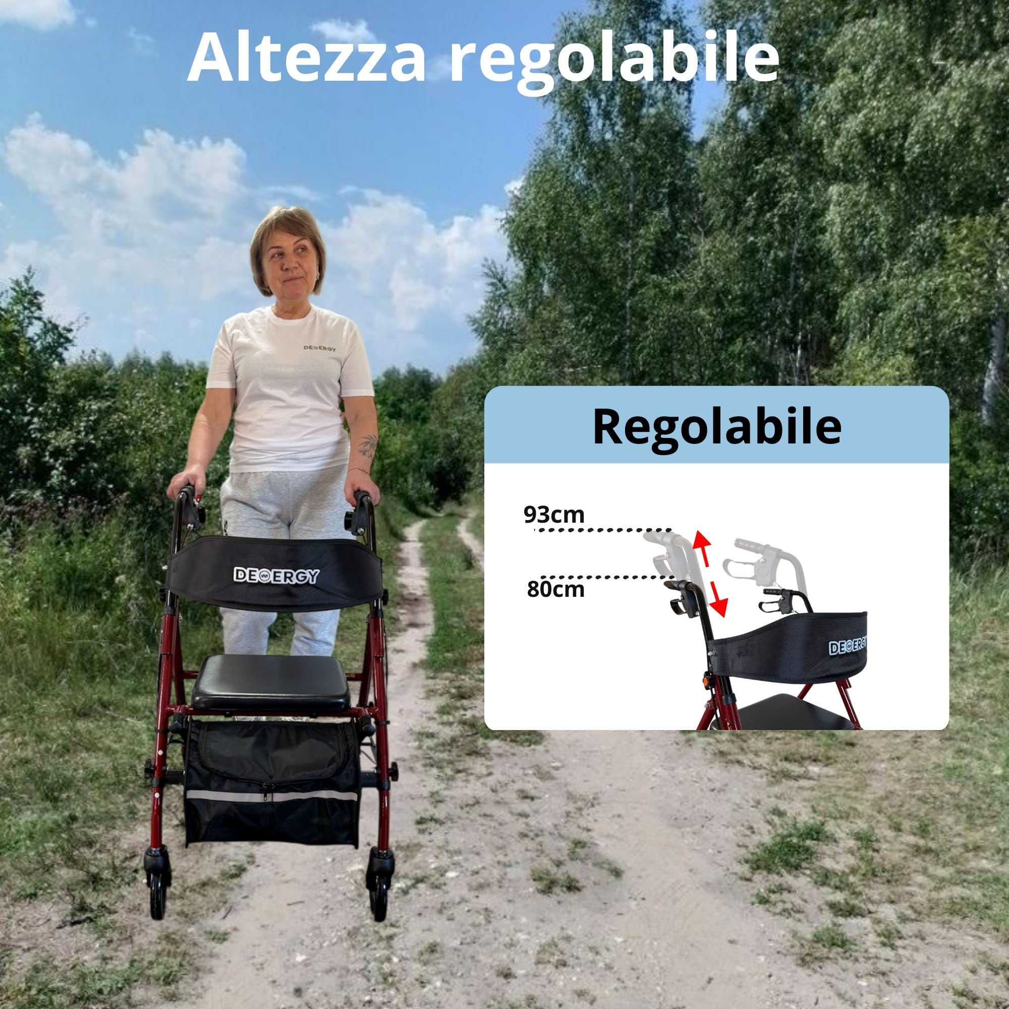 DEMERGY® Deambulatore per Anziani Pieghevole Leggero con Sedile Extra Spesso e Schienale 4 Ruote per Tutti i Terreni Freni Manuali Altezza Regolabile Include Zaino Ideale Anziani e Persone con Mobili