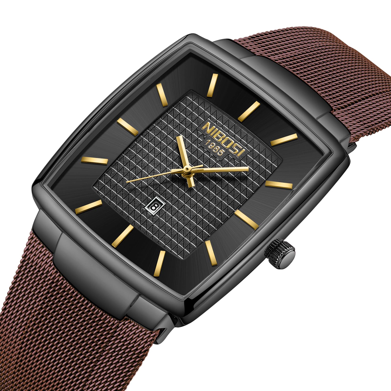 NIBOSI Orologi da uomo Orologi analogici quadrati al quarzo in acciaio inossidabile per uomo Cinturino a maglia Impermeabile Orologio sportivo da lavoro con datario