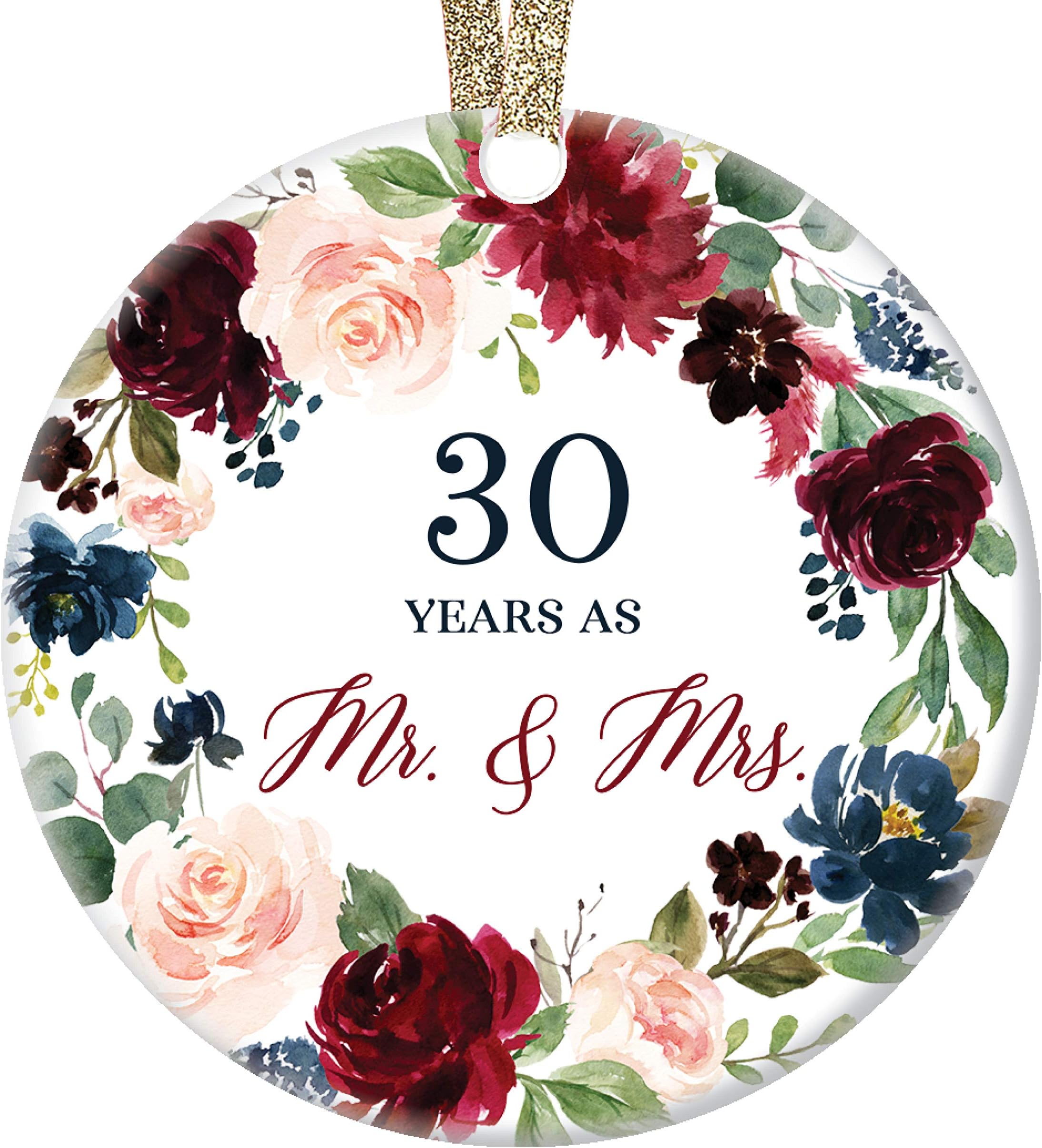 DIGIBUDDHA Christmas Ornament Present 30th Wedding Anniversary Husband & Wife Married Thirty 30 Years Lovely Ceramic Holiday Tree Decoration Keepsake Gift Porcelain 3" Flat with Gold Ribbon Free Box