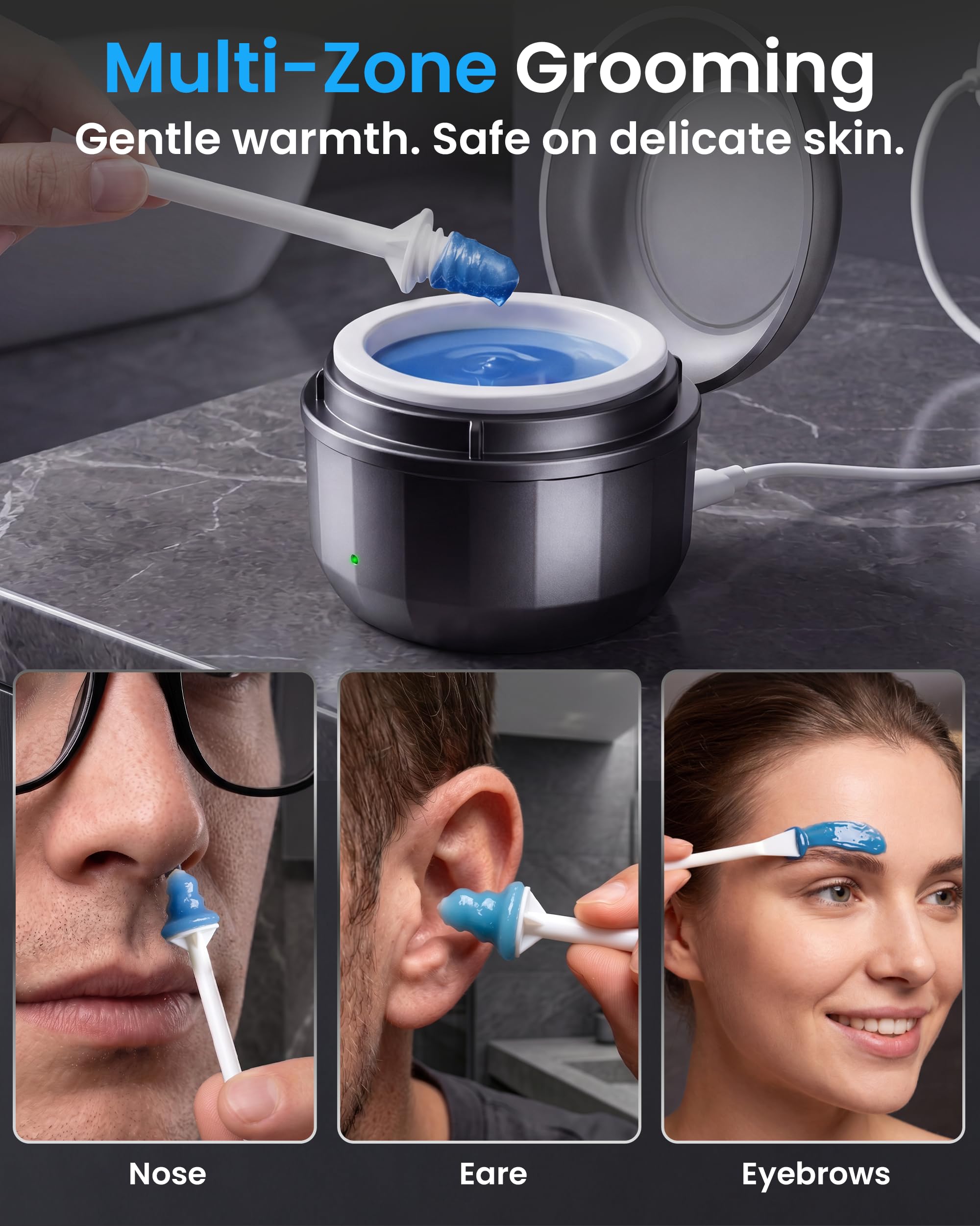 Kit di cera per naso da uomo, kit di cera per la depilazione del naso con chicchi di cera da 100 g e 40 applicatori, riscaldamento rapido USB e temperatura costante intelligente, strumento multiuso