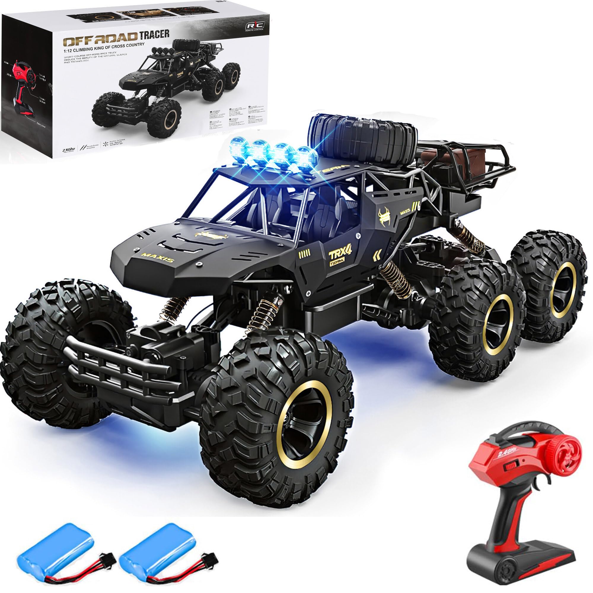 SULIFEVIP 1:12 Black 4WD Off-Road RC Cars Large 6 Wheels RC Monster Truck 46CM 2.4GHZ Remote Control Car Radio Controller Cars Monster Truck, Metal Shell with 2 Batteries For Kids,Multiplayer Play