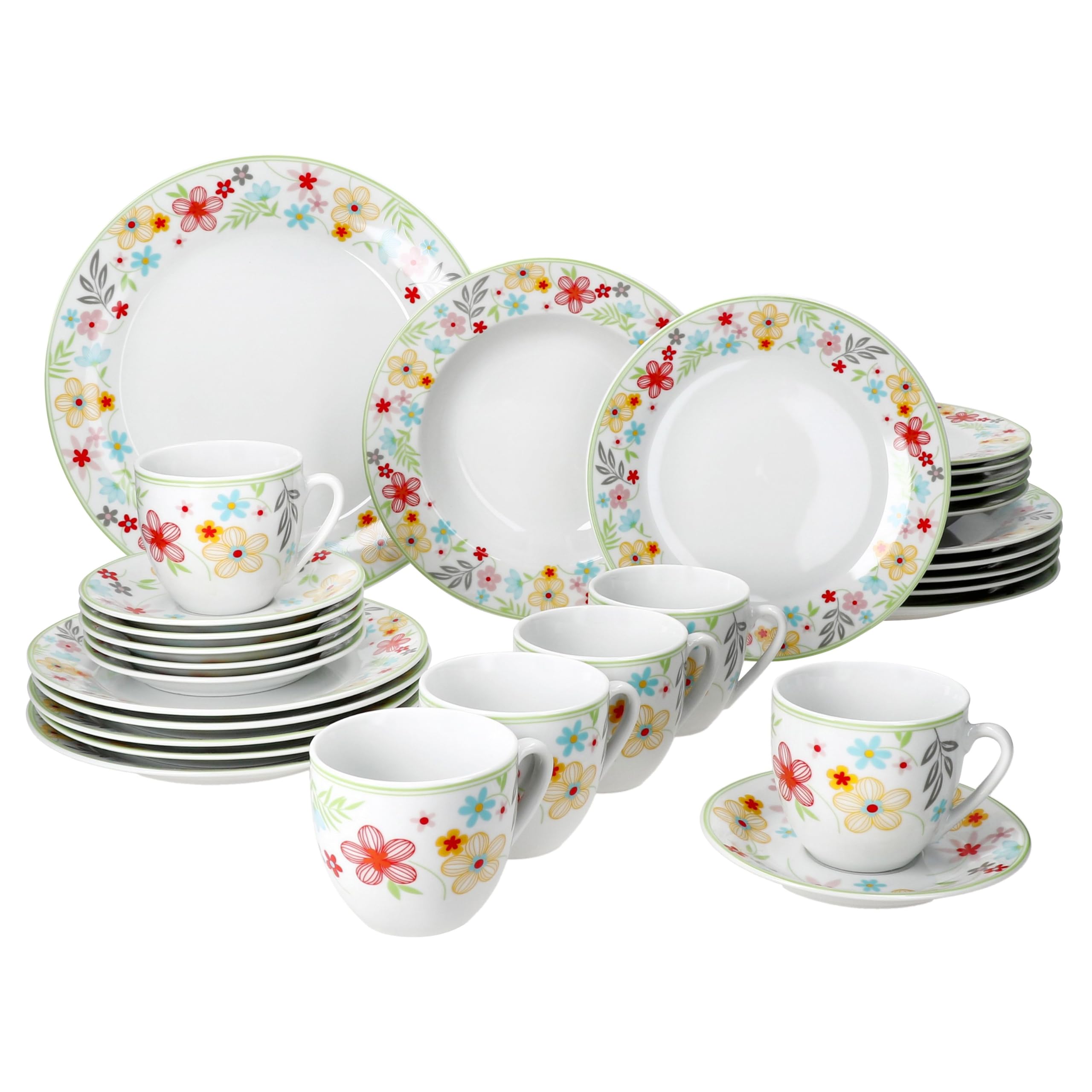 MamboCat Variant Blümchen 30tlg Kombiservice I Porzellan-Geschirrset mit Blumen-Rand für 6 Personen I Je 6x Kaffeetassen 200ml, Untertassen, Kuchenteller, Suppenteller & Speiseteller