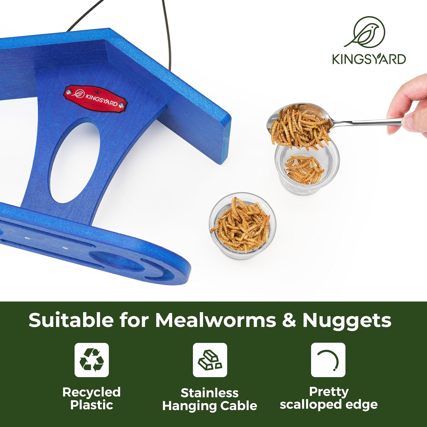 Kingsyard Bird Feeder for Outdoor Hanging, Recyceled Plastic Bluebird Feeders for mealworm, Two Dishes w/ 5 oz, Durable & Weatherproof, for Bird Lovers, Blue