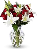 Benchmark Bouquets - Oriental Lilies & Red Roses (Glass Vase Included) - Fresh Flowers for Delivery - Gift for Graduation, Birthday, Anniversary, Sympathy, Get Well, Congratulations