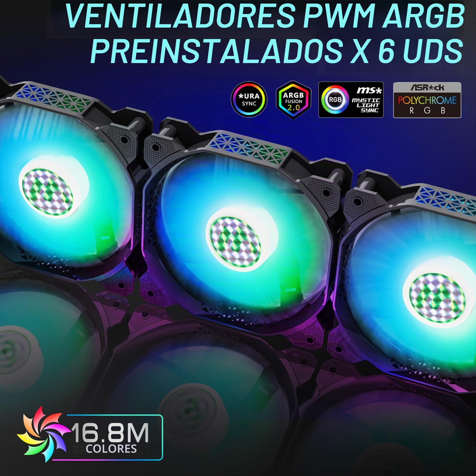 MUSETEX Caja PC ATX Pre-Instalado con 6 Ventiladores PWM ARGB, Caja Gaming Diamond Mesh, Puerta Abierta, Cristal Templado, Panel Lateral, Caja Mid-Tower, USB 3.0 x 2, Negro, NN8