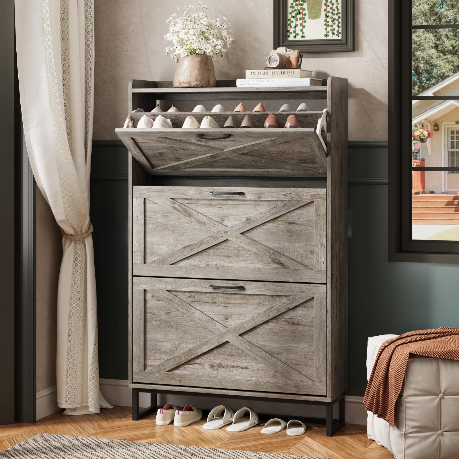 Maupvit Shoe Storage Cabinet with 3 Flip Drawers, Freestanding Organizer with Metal Legs for Entryway, Narrow Shoe Rack Cabinet, Light Rustic Oak