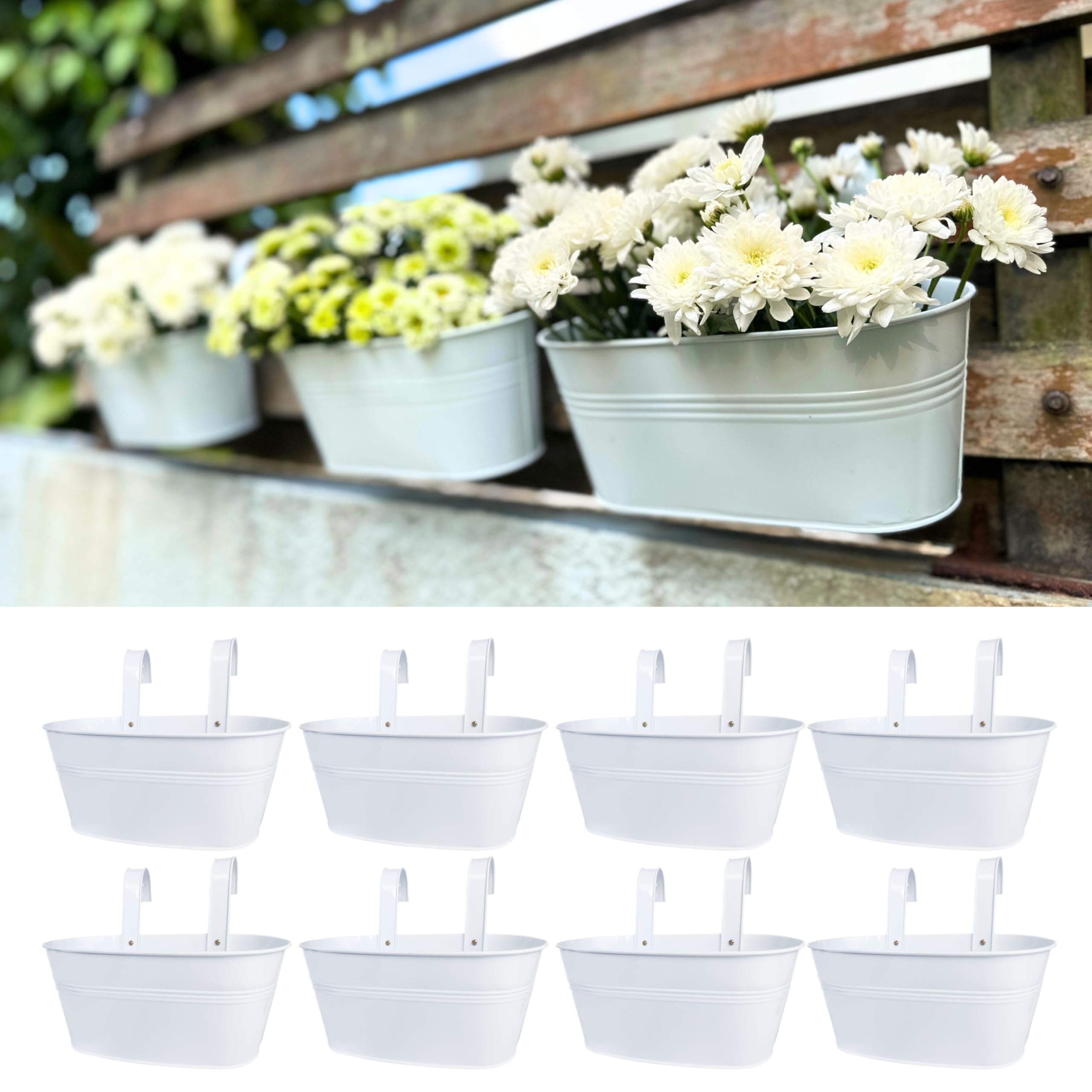 LaLaGreen - Maceta de riel para exteriores (paquete de 8 unidades, 11.8 pulgadas), macetas colgantes de hierro de metal blanco, barandillas de terraza, cubos de valla, estilo moderno, campo, estilo