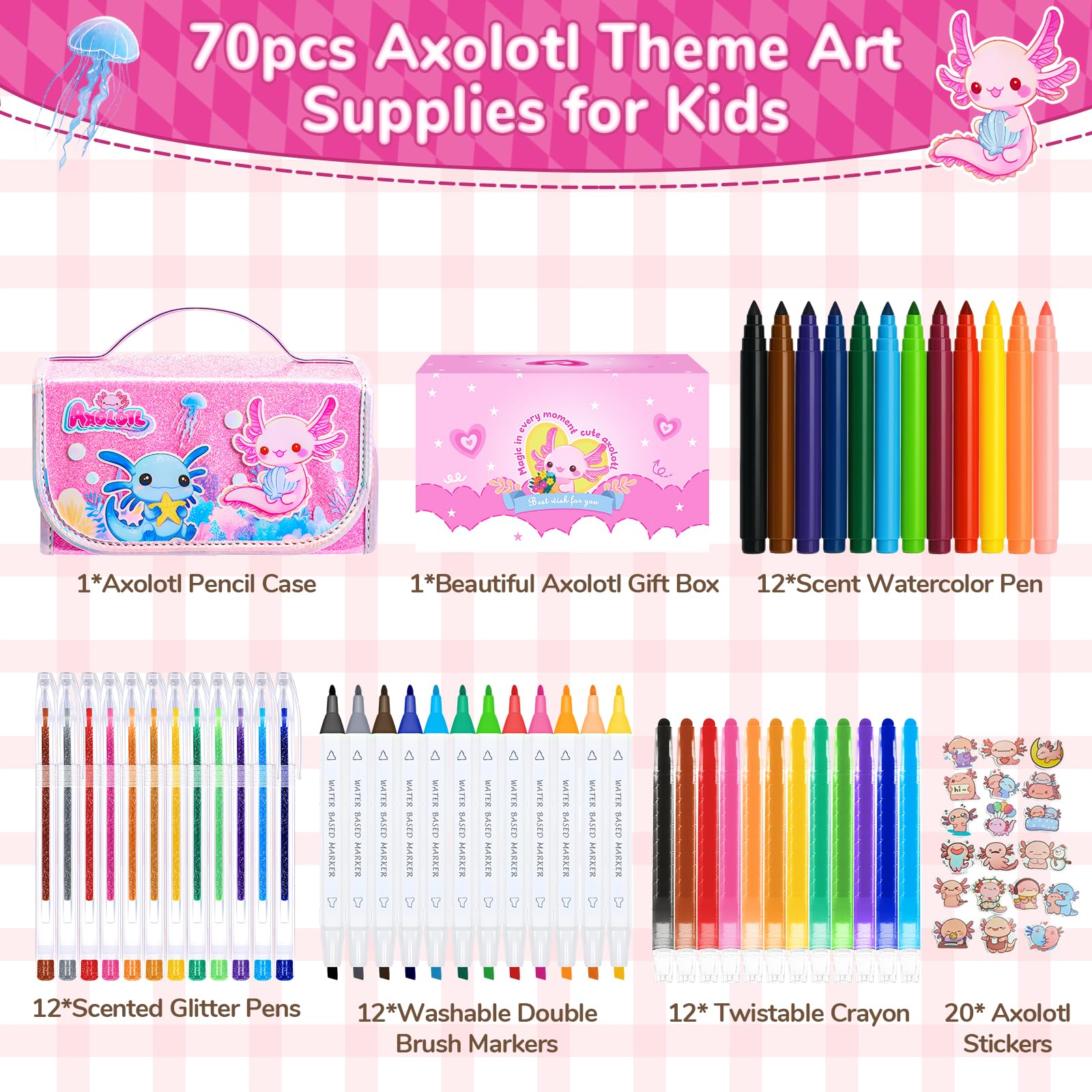JYPS Washable Colouring Set including Pencil Case, 70 PCS Axolotl Kids Art Pens Set including Scented Glitter Pens,Markers - Image 2