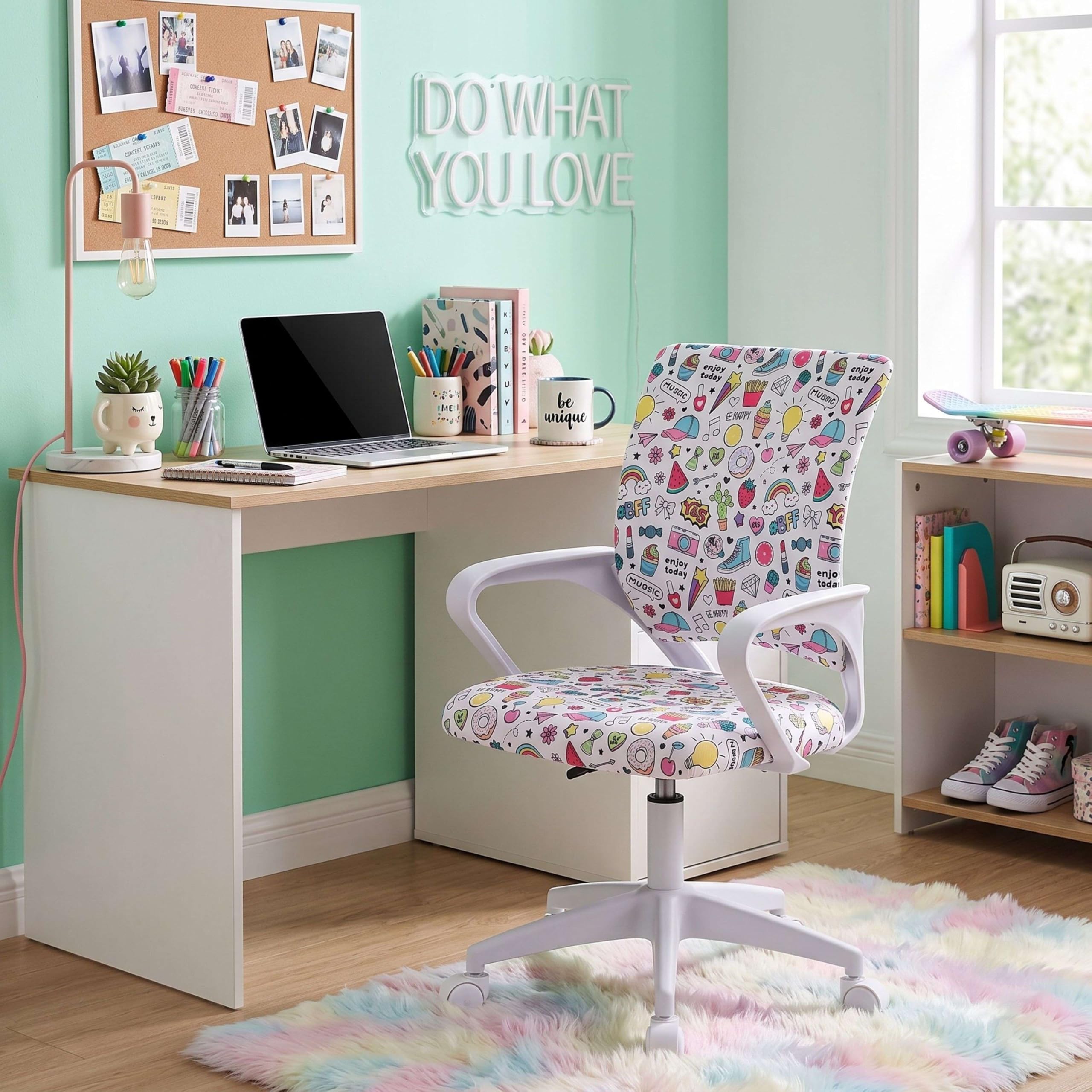 Miroytengo Silla de Escritorio Juvenil Vita Emojis, Altura Regulable, Tela Estampado, Reposabrazos Blanco