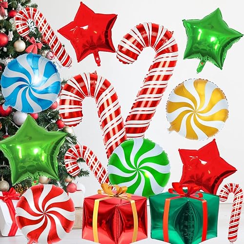 28 globos de papel de aluminio de Navidad de bastón de caramelo con cintas, globos de Mylar para decoración de fiestas