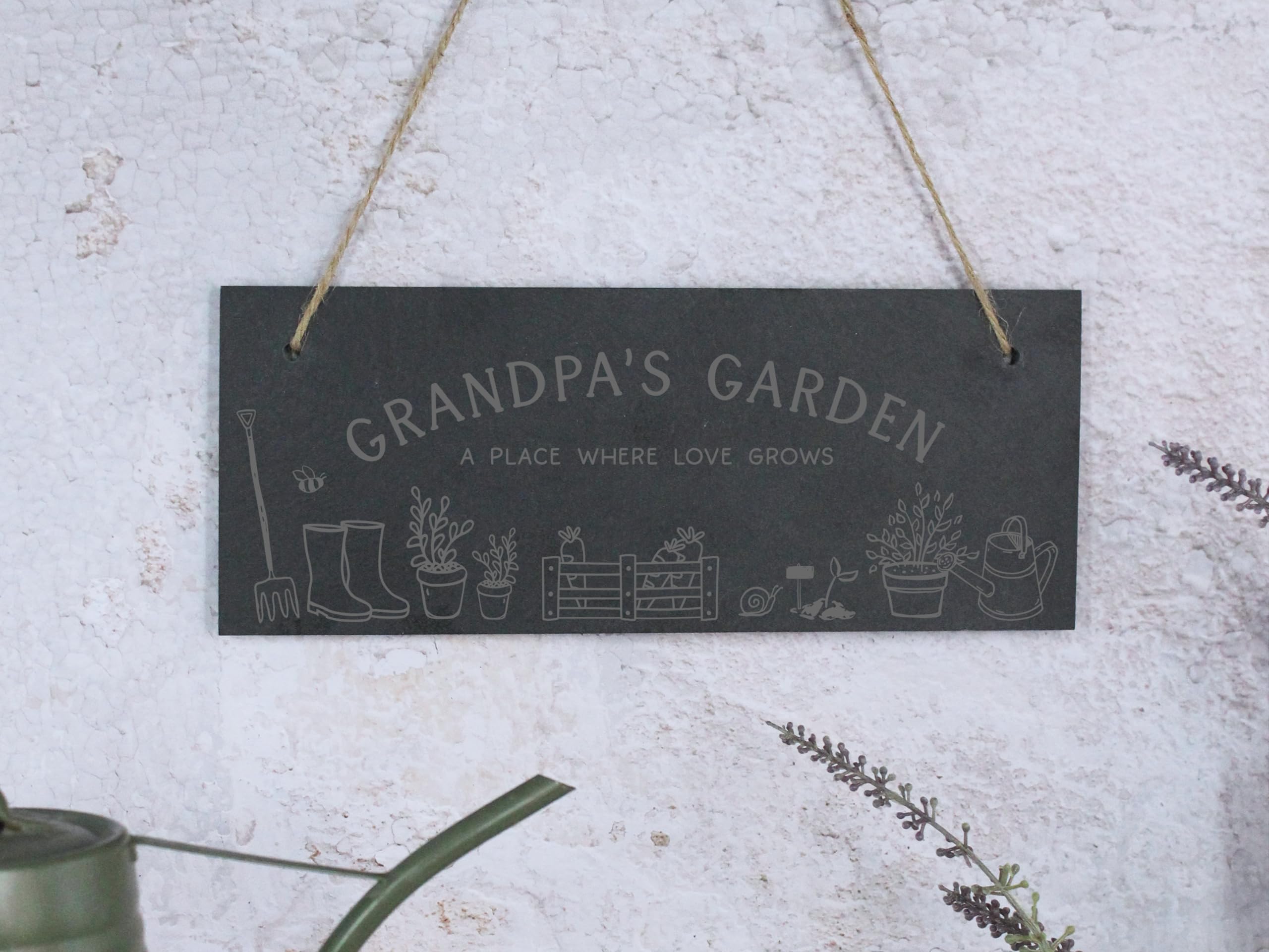 Ebuygb Earth Tones Personalised Grandad’s Garden Sign, Hanging Slate Plaque, Gardening Lover Gift, Grandad Father’s Day Gifts, A Place Where Love Grows