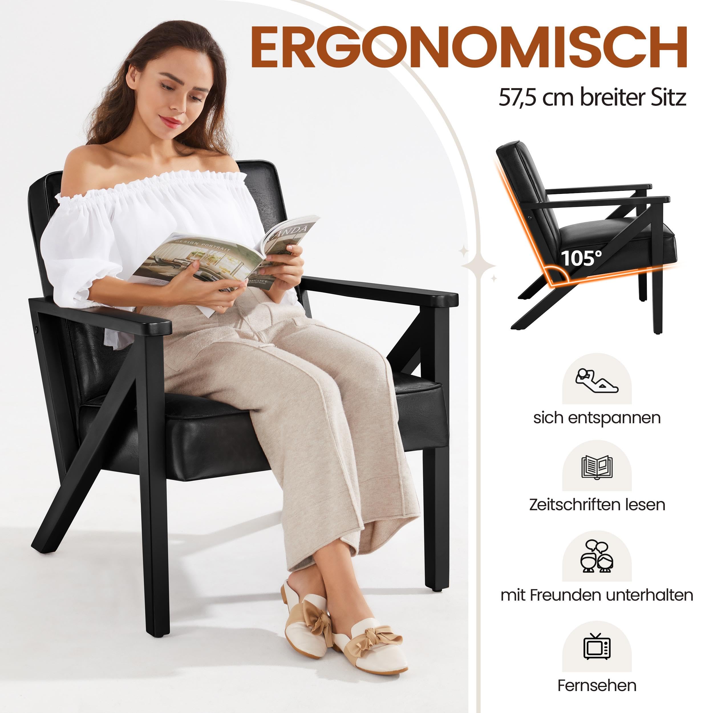 Yaheetech Fotel telewizyjny do wypoczynku, ze sztucznej skóry, fotel wypoczynkowy, tapicerowany, pojedyncza sofa z nogami z litego drewna, na balkon/do salonu/sypialni, recepcji, kolor czarny
