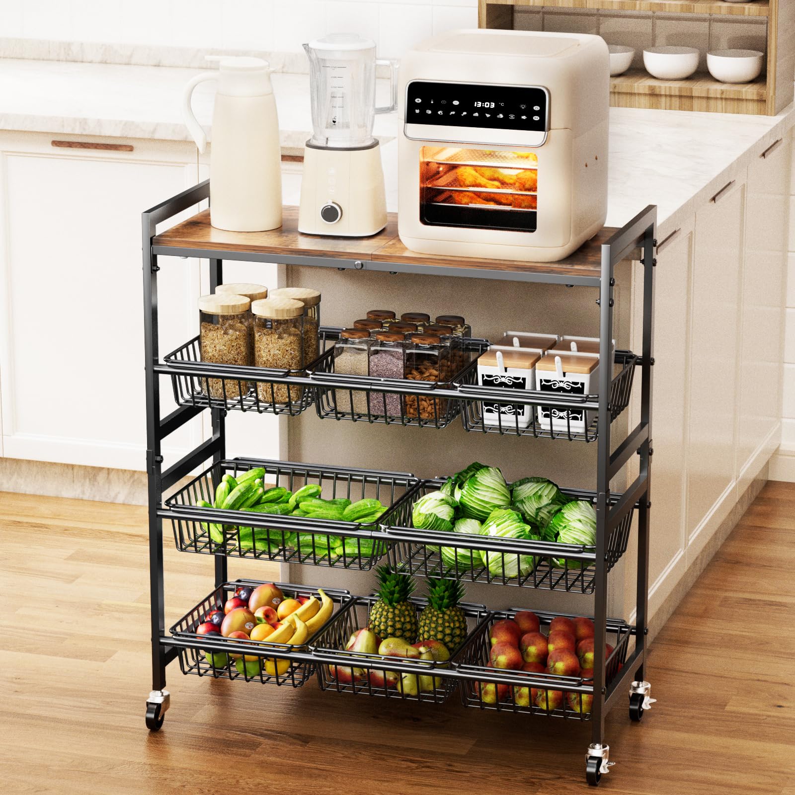 Photo 1 of Cinati 4-Tier Utility Kitchen Cart with Wood Top, 29" W Kitchen Storage Cart with 8 Baskets & Handle, Metal Snack Cart with Wheels, Adjustable Pantry Organizer and Storage Cart for Fruit, Vegetables