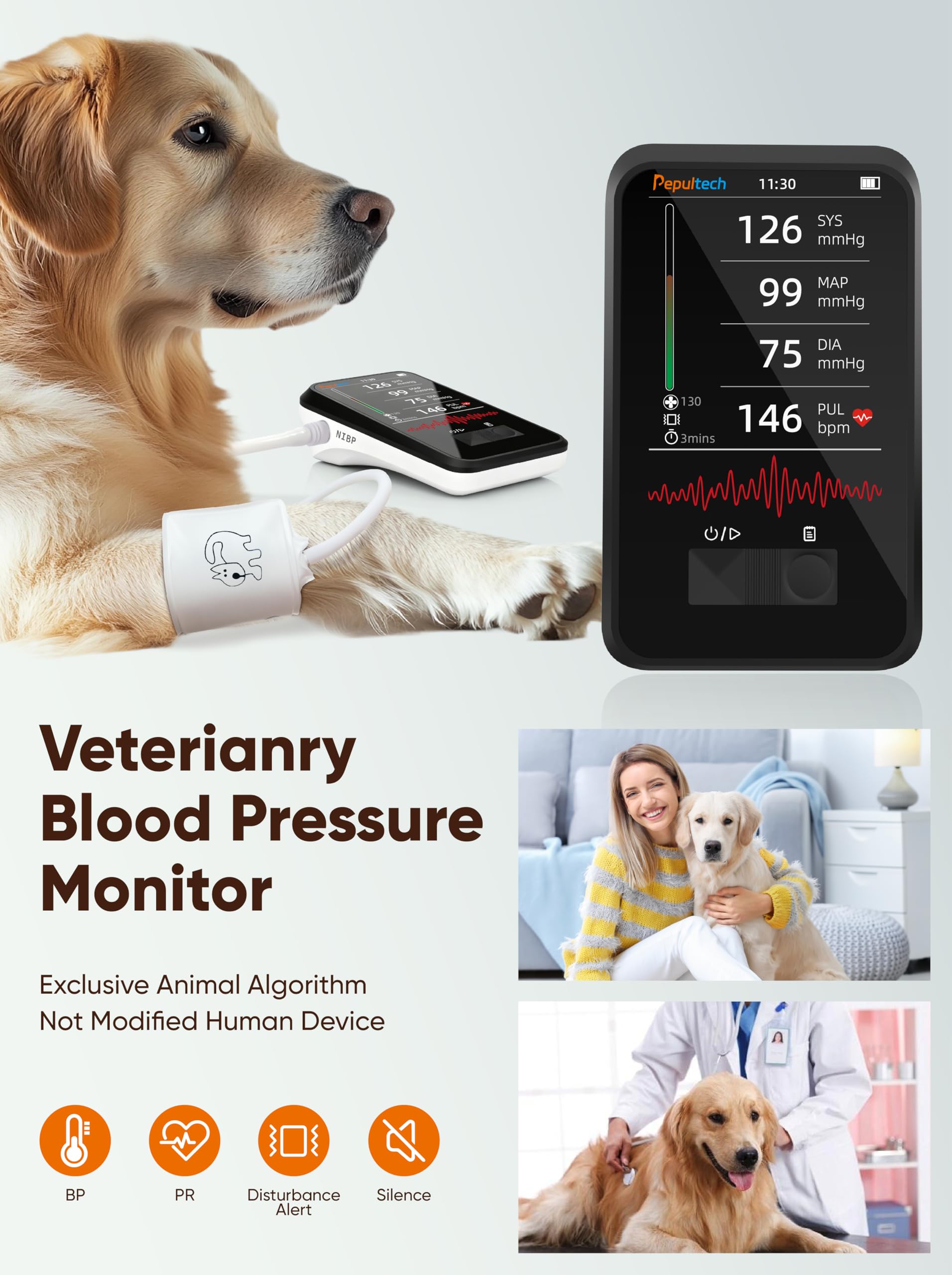 Monitor de Presión Arterial Veterinario, Máquina Digital Automática de PA para Perros y Gatos, Operación Silenciosa, Pantalla LCD de 3.5 Pulgadas y Memoria para 1000 Conjuntos de Datos
