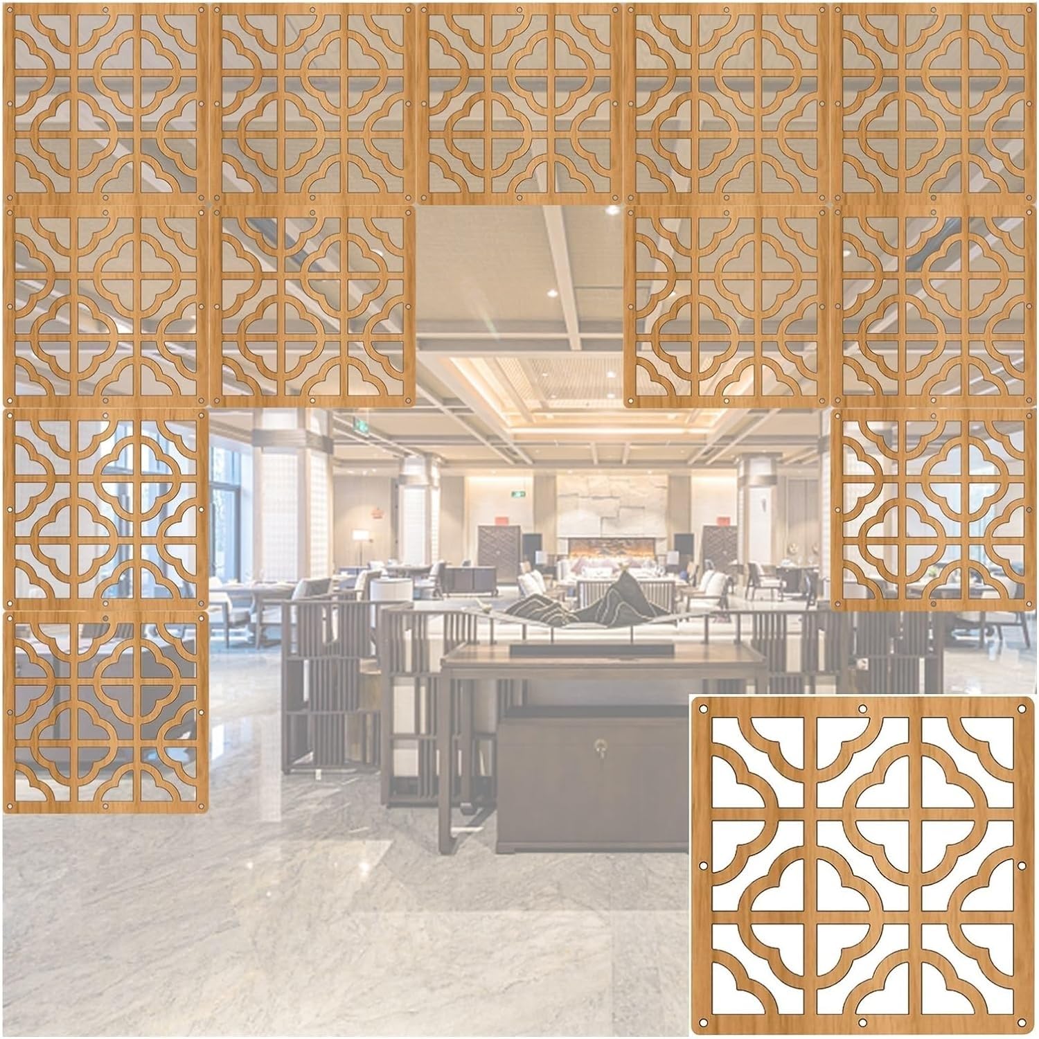 SAFWELFolding Privacy Screen Panel Hanging Room Dividers Square Wood-Plastic Decorative Privacy Partitions Screen for Tea Room Restaurant Leisure Area (Color : Natural a, Size : 85Pcs)