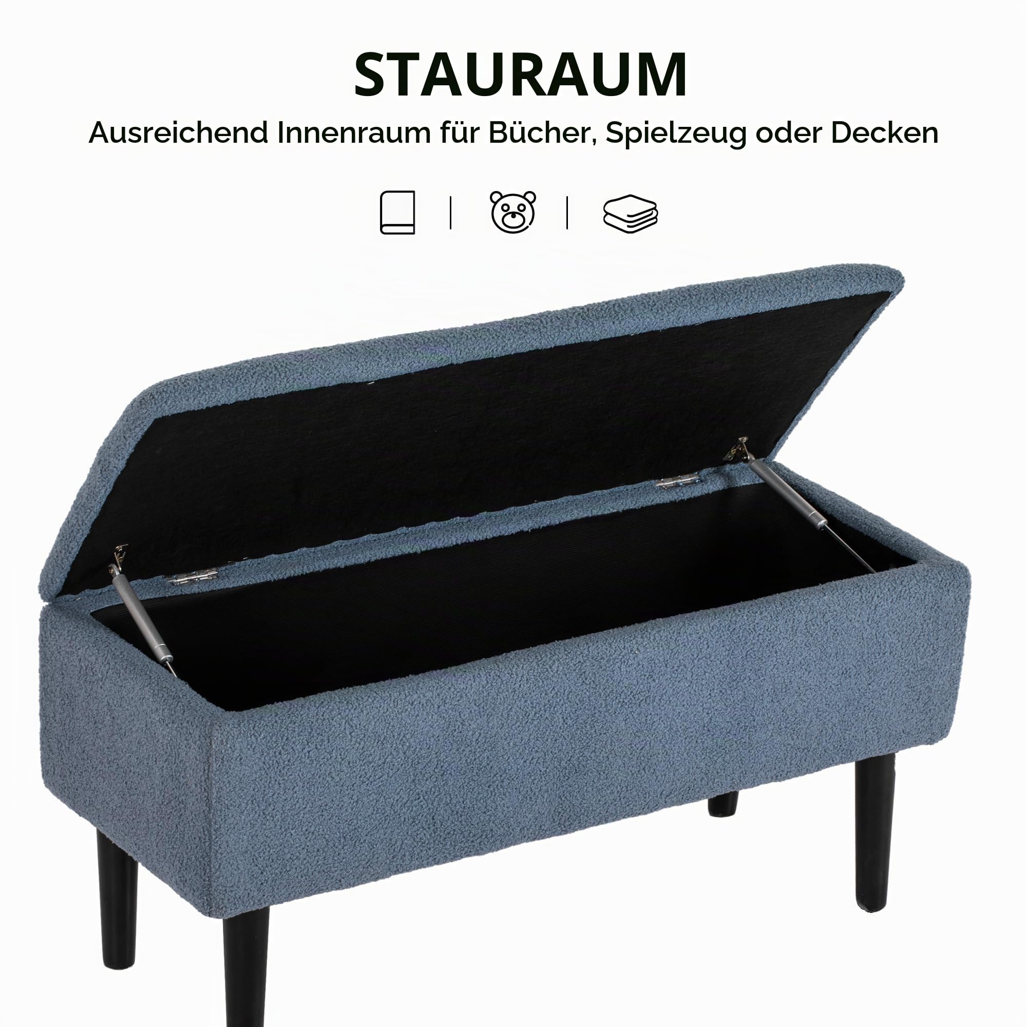 HOMCOM Sitzbank mit Stauraum Polsterbank Klappdeckel 95 x 38 x 45 cm Blau | Samtoptik, Sitztruhe mit Holzbeine, Truhenbank Bettbank, Wohnzimmer, Schlafzimmer, Flur