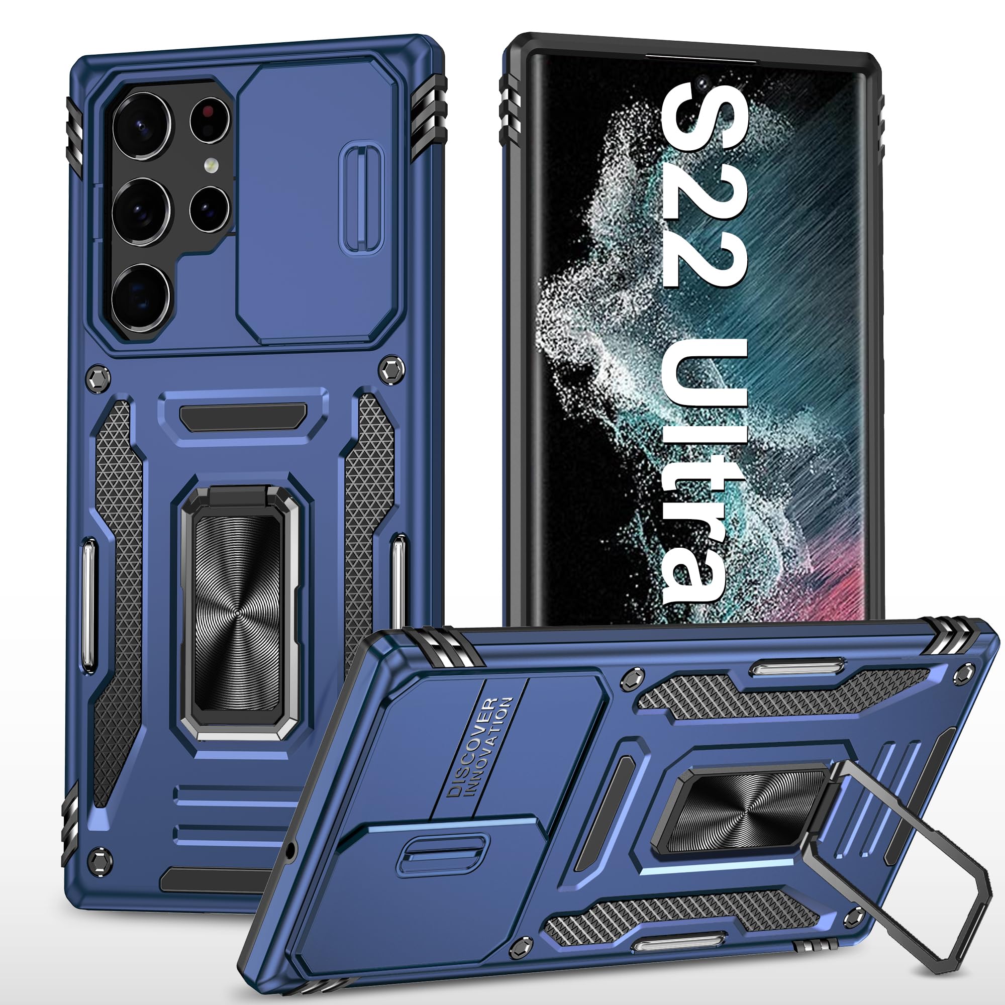 Handyhülle für Samsung Galaxy S22 Ultra Hülle mit Slide Camera mit Kameraschutz Galaxy S22 Ultra Schutzhülle 360° Drehbarer Metall Ring Ständer Stoßfest für Samsung S22 Ultra 5G (Drakblau)