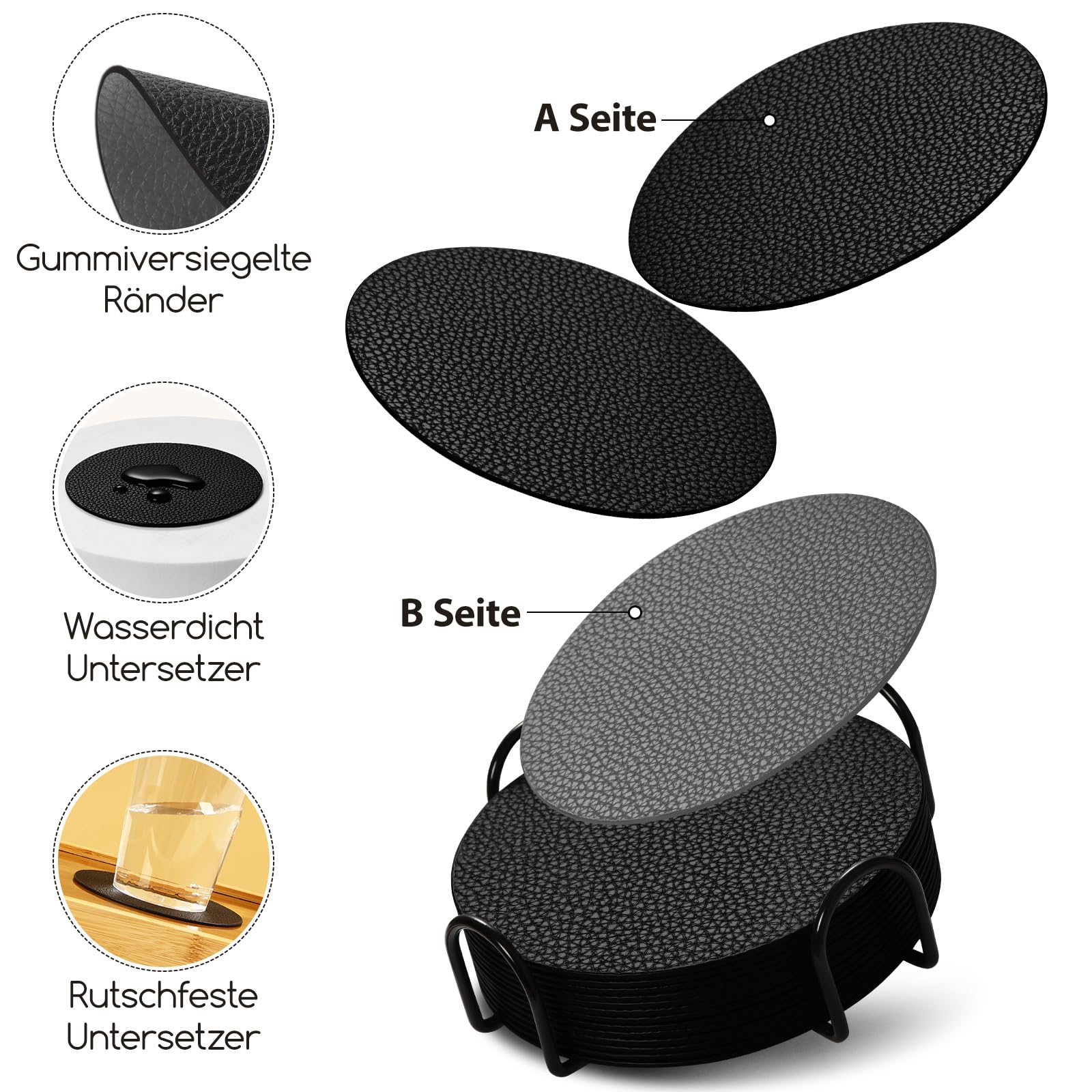 Set 12 Sottobicchieri In Vetro Con Supporto - Double Face In Pelle Sintetica (Grigio+Nero) - Foto 6