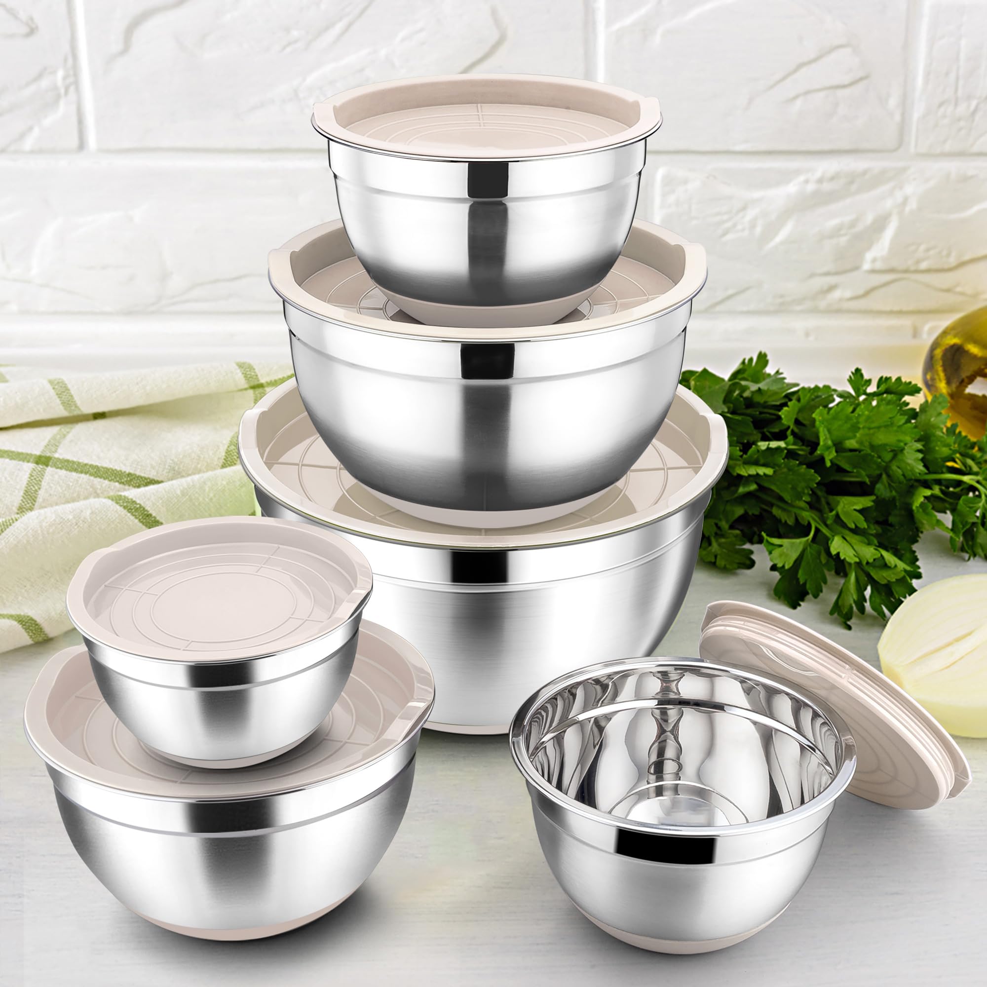 Set 5 Ciotole Acciaio Inox Con Coperchi - 4.5L/2.7L/1.6L/1.1L/0.7L, Lavastoviglie Safe