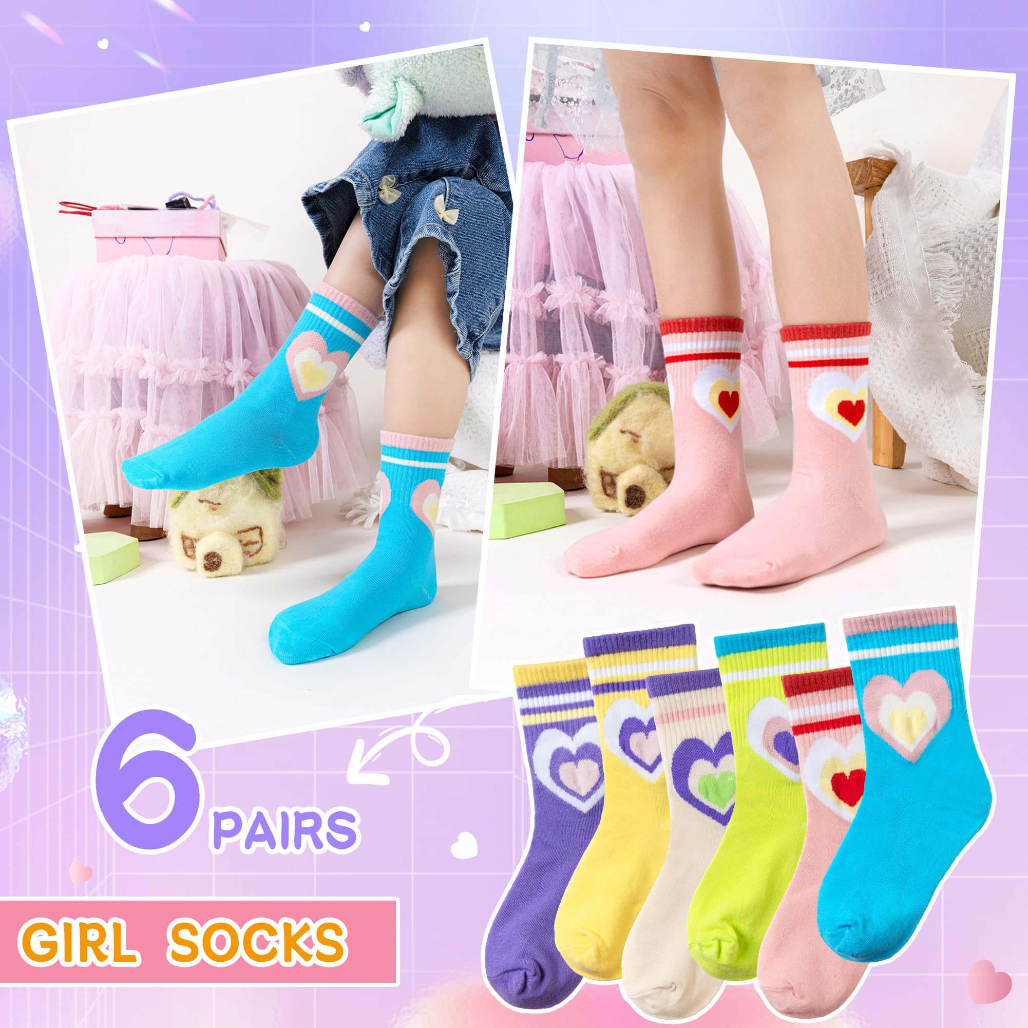 Eyean Calcetines de algodón para niñas, transpirables, lindos, para vestir, 6 pares