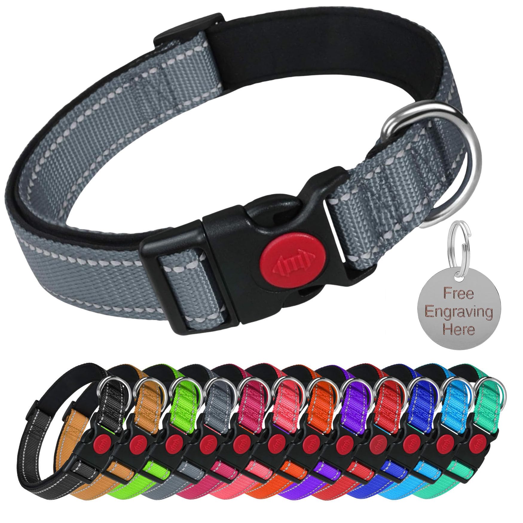 LARRYROO Reflective Dog Soft Padded Nylon Collar | Slide Lock Safety Buckle | Fully Adjustable With Personalised Engraved Round Silver Tag (Grey, Medium (35cm - 50cm Neck))