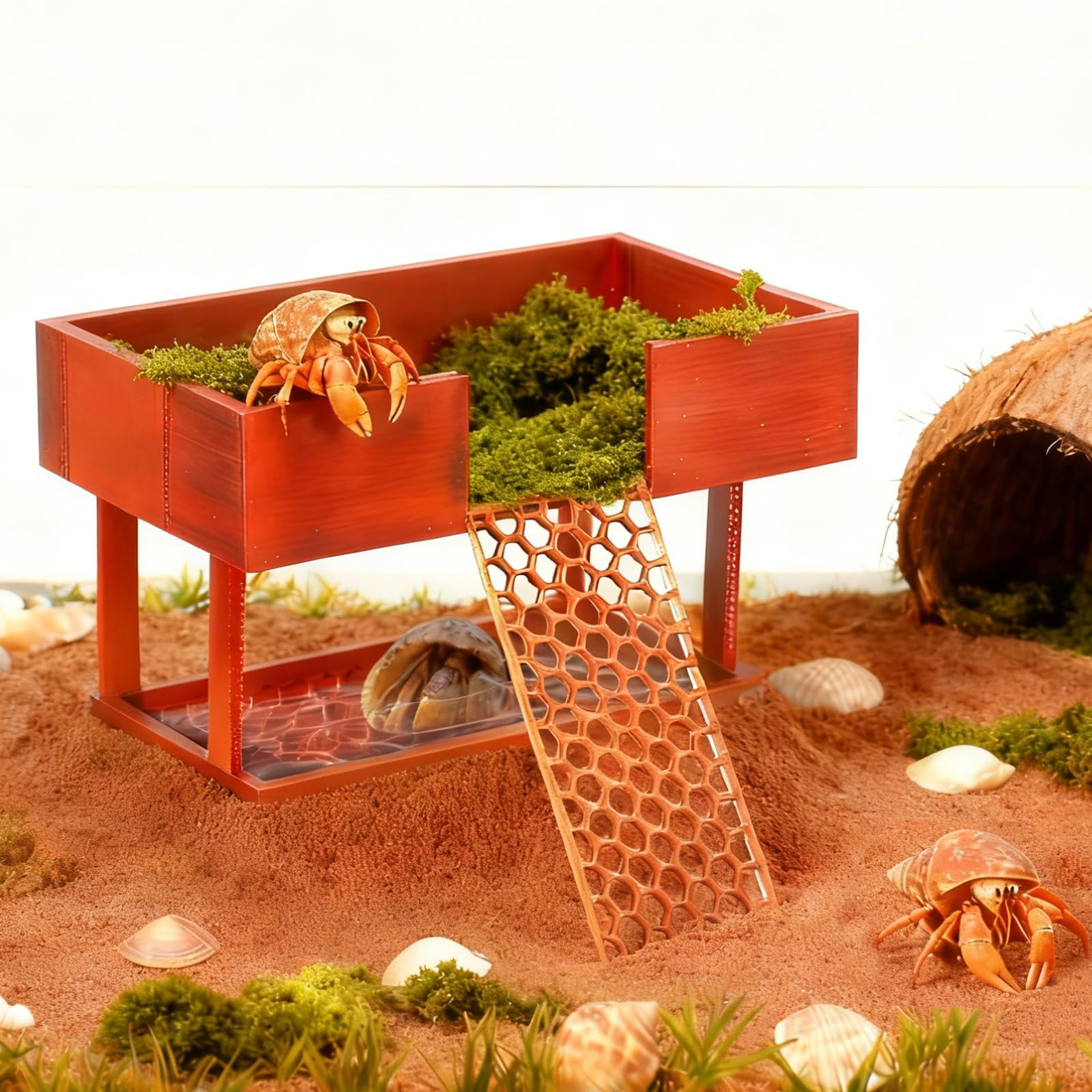 Boxili 2 In 1 Hermit Crab Hermit Crab Water Tank, With Climbing Ramp Platform, Salt Water Dish Bowl Accessories for Hermit Crabs Cage, Reptile Habitat Decor (Brown)