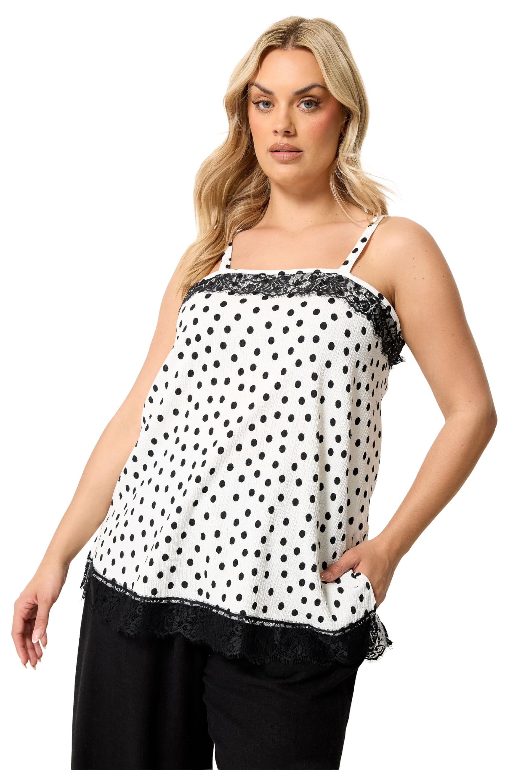 Yours Women's White Polka Dot Lace Trim Vest Top In | Size: 14