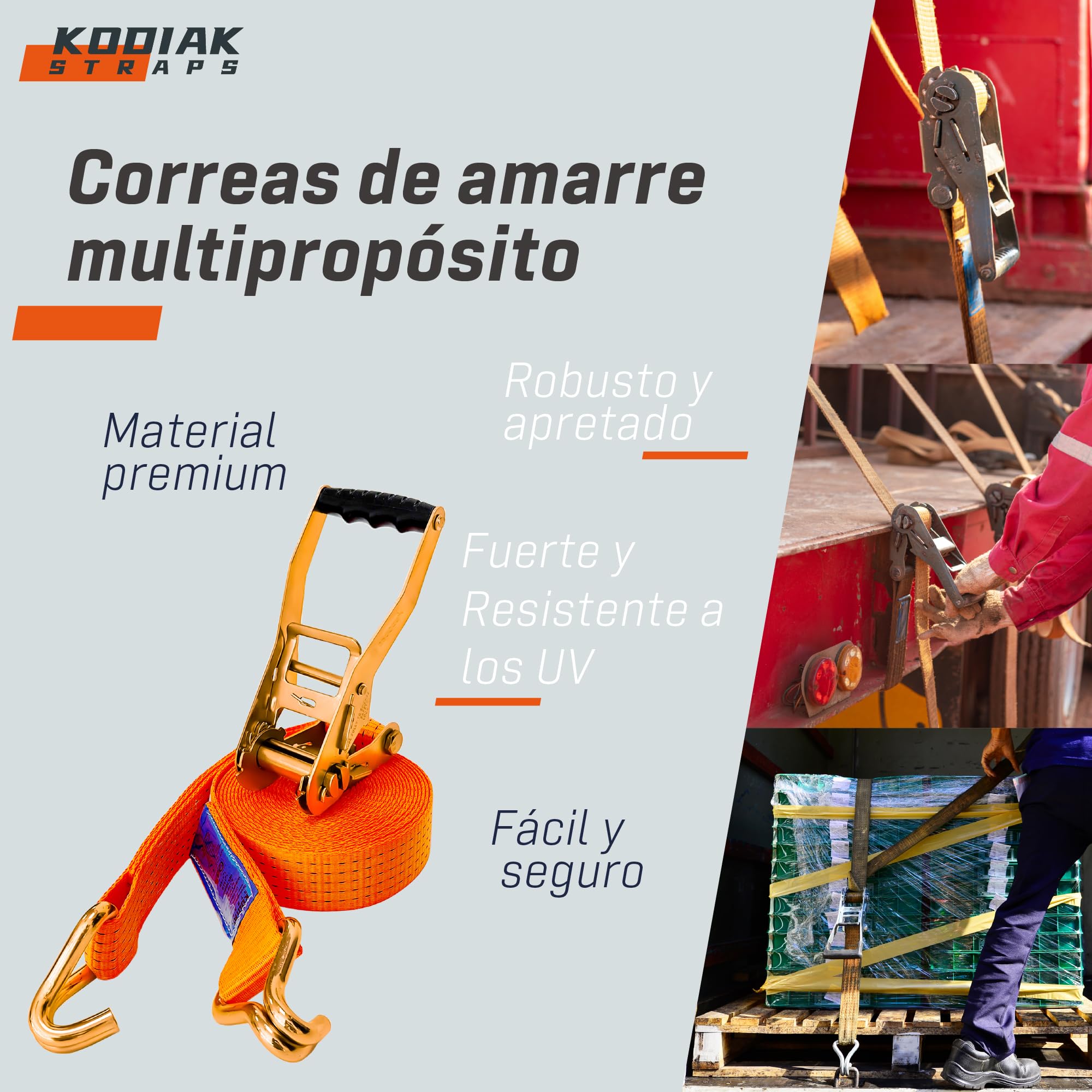 8 Correas Tensoras 8m x 5000kg con Trinquete y Ganchos - Correas de 50mm - Correa de Trinquete Naranja para Sujeción de Carga - Certificado TÜV/GS según DIN EN 12195-2 - KODIAK STRAPS
