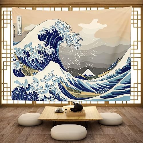 CORFOTO Tapiz de gran ola, retro, prefectura de Kanagawa, Japón, para colgar en la pared, tapiz de ondas japonesas antiguas, tapices de estilo