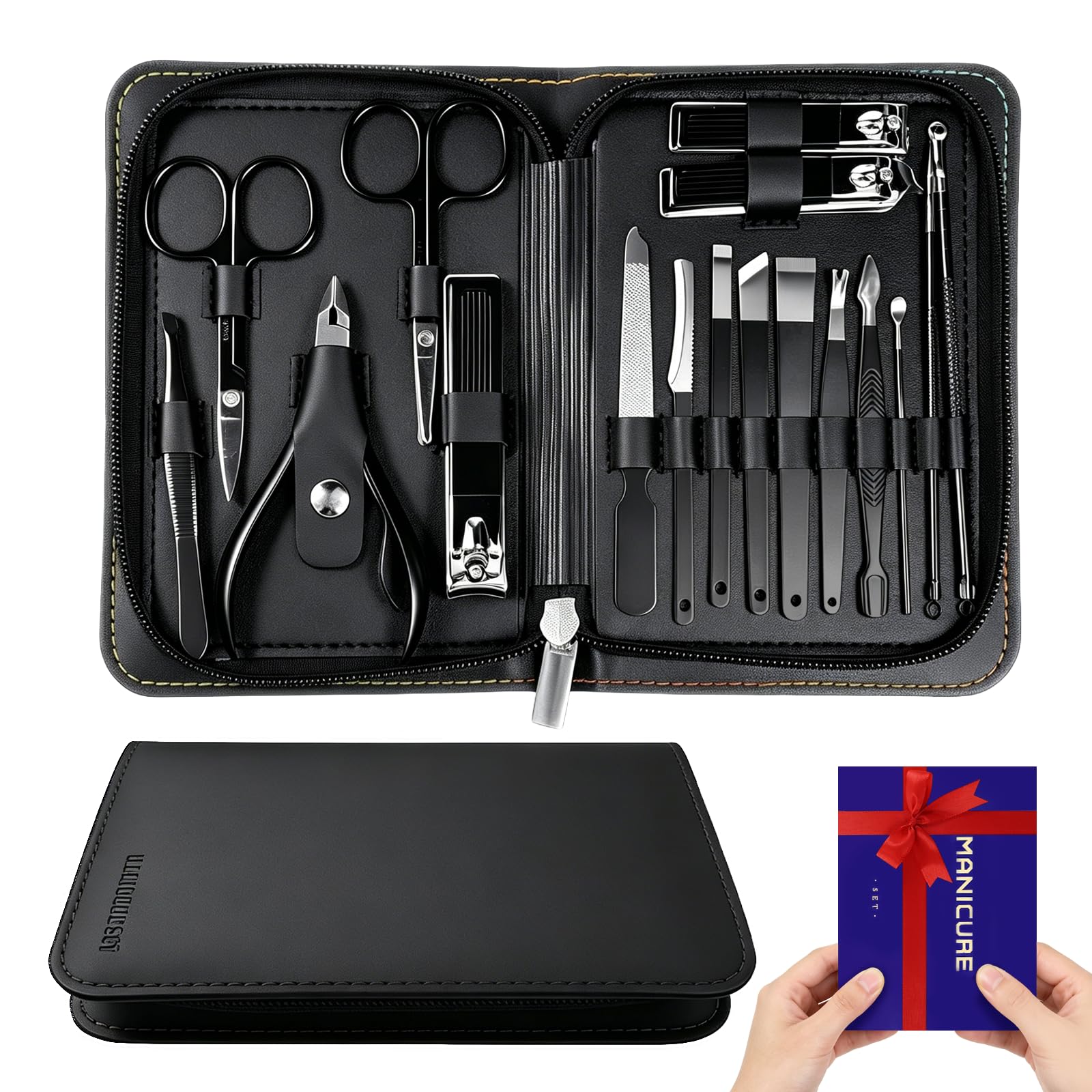 Kit de Manucure et Pédicure 17-en-1 Professionnel, Ensemble Coupe-Ongles en Acier Inoxydable avec Étui de Voyage Portable, Durable & Compact pour Soins à la Maison & en Déplacement