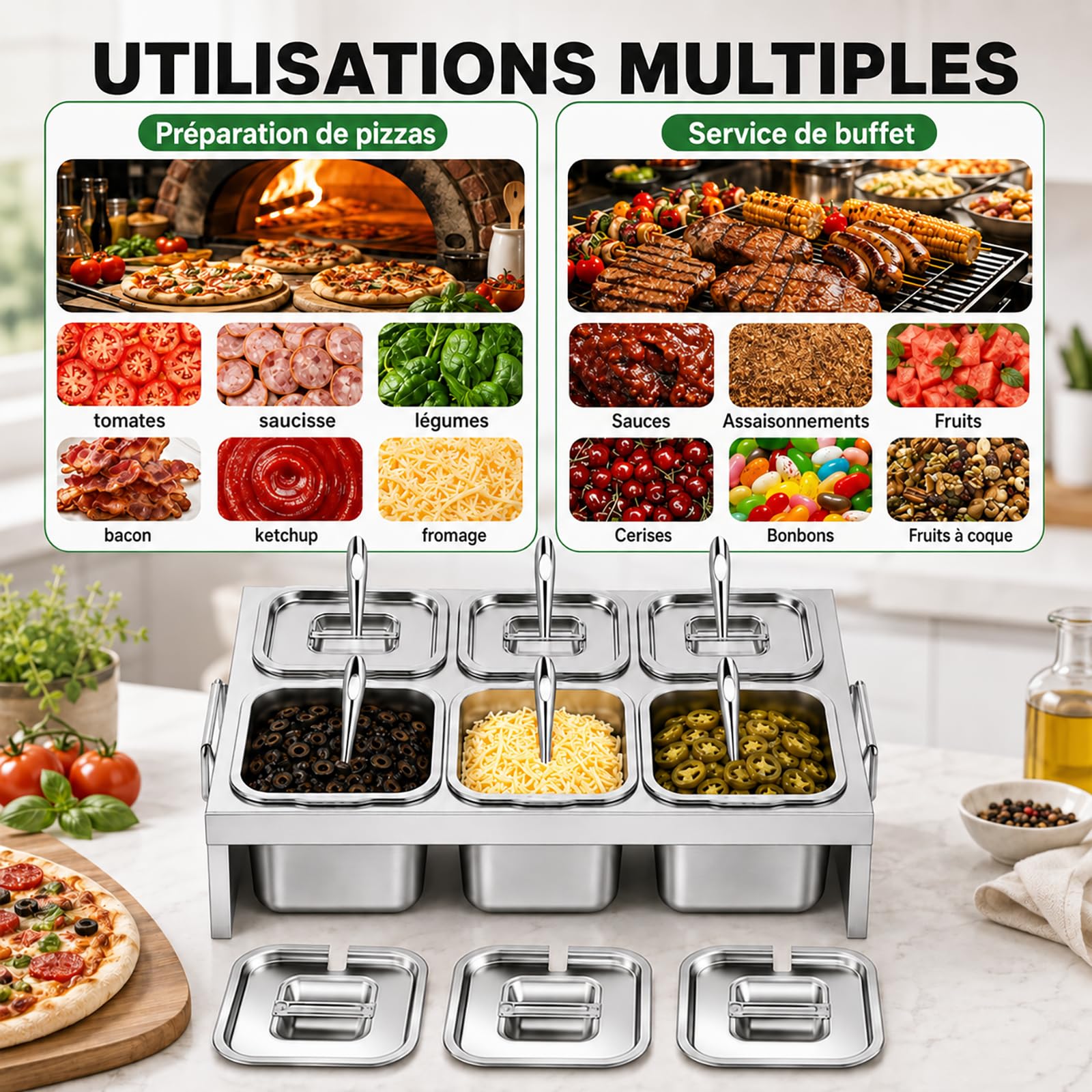 Bac Gastro Inox 6 x 2 L avec Couvercle et Cuillère – Boîte Inox Alimentaire pour Pizza, BBQ, Sauces & Légumes – Récipient Professionnel pour Cuisine, Restaurant & Traiteur