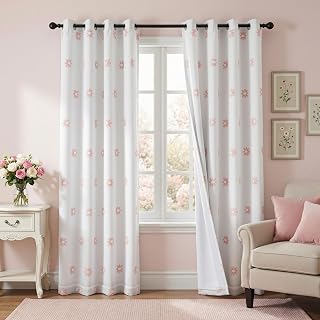 MYSKY HOME 거실용 핑크 플로럴 암막 커튼 228.6cm(90인치) 길이 총 빛 차단 커튼 여아 침실 2개 패널 그로밋 100% 방 다크닝 창문 드레이프, 플라워 시어 너비 127cm(50인치) x 길이 228.6cm(90인치)