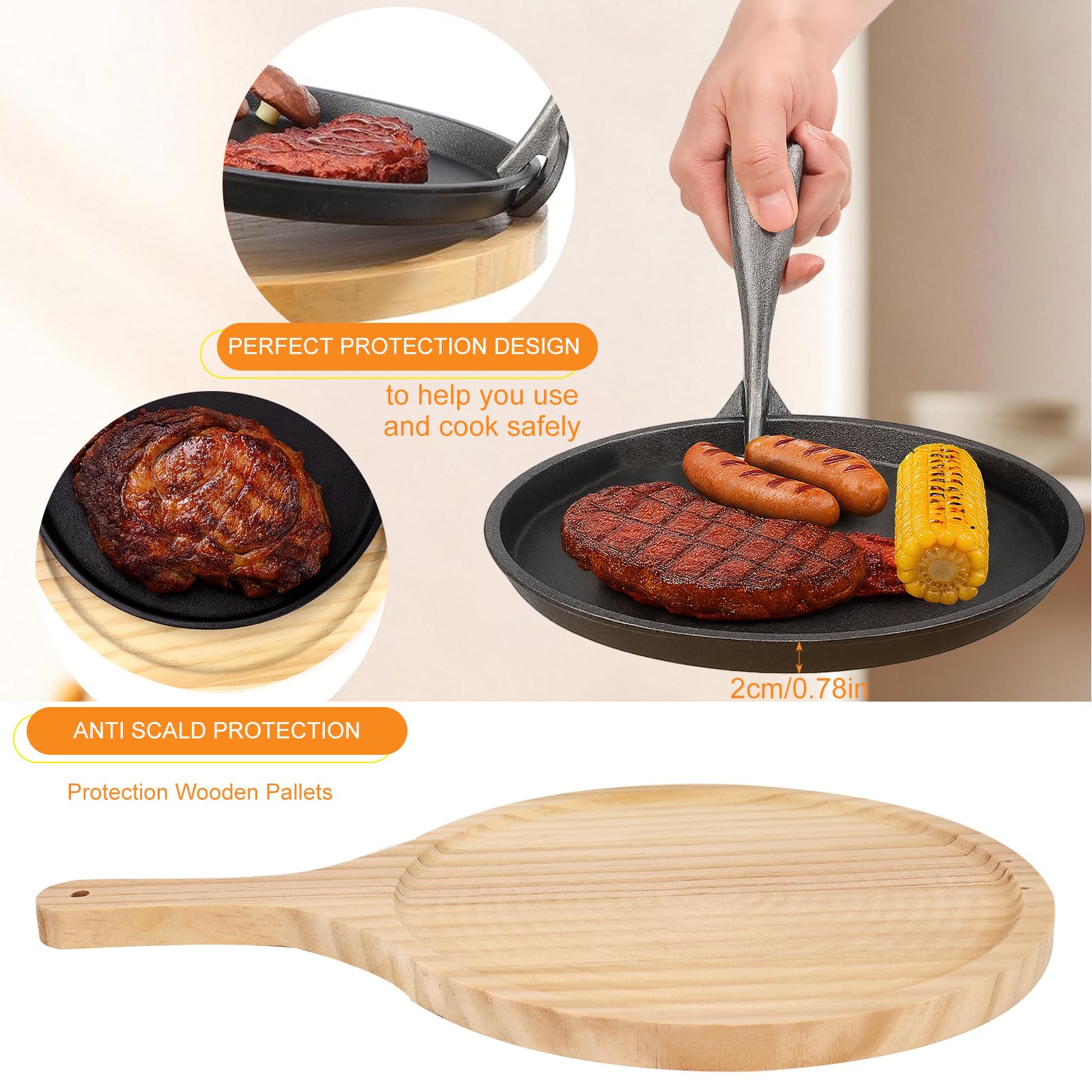 Lot de 2 poêles en fonte Fajita avec dessous de plat en bois - Protection anti-brûlure - Rondes - En fonte - Antiadhésives - Pour cuisine, restaurant, barbecue, intérieur et extérieur