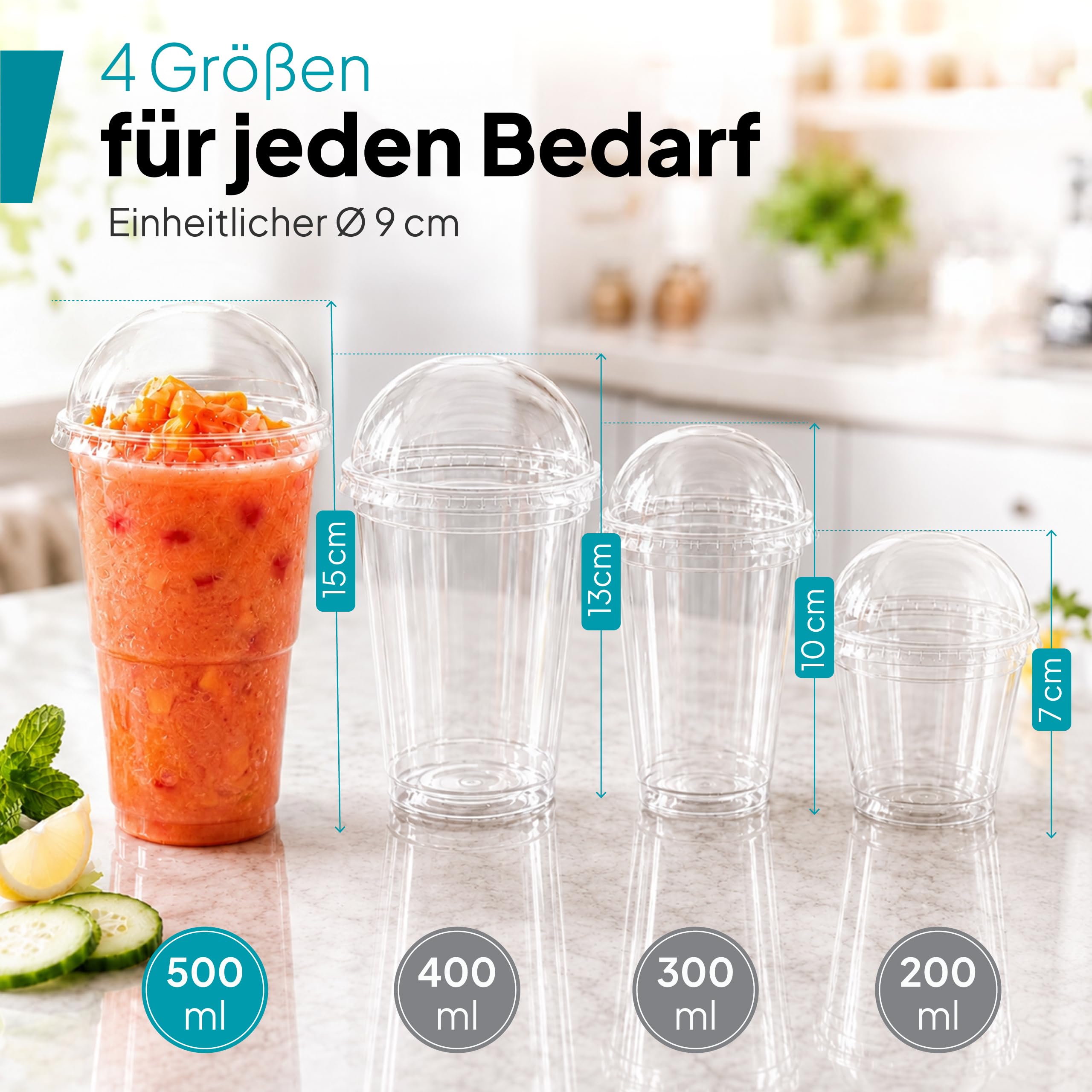 Commerline 100 sztuk kubków do smoothie 500 ml z pokrywką z otworem do smoothie, plastikowe kubki na wynos, kubki do picia + pokrywka z otworem, kubki deserowe, kubki do herbaty bąbelkowej, kubki z