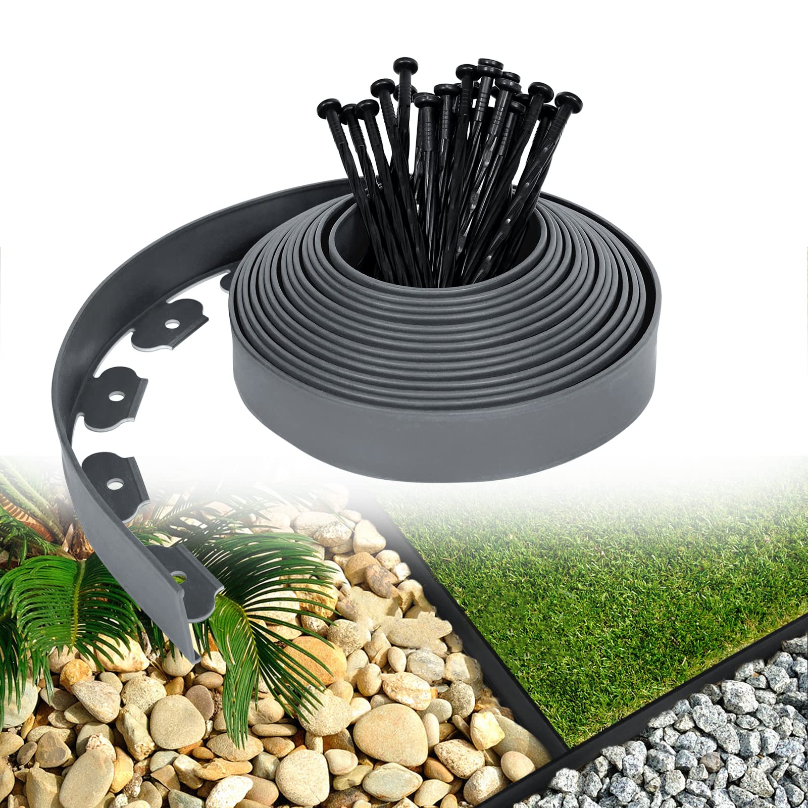 LZQ Borde para césped de plástico flexible con 30 clavos de fijación para jardines, césped y piedras, 10 m de largo, color gris claro