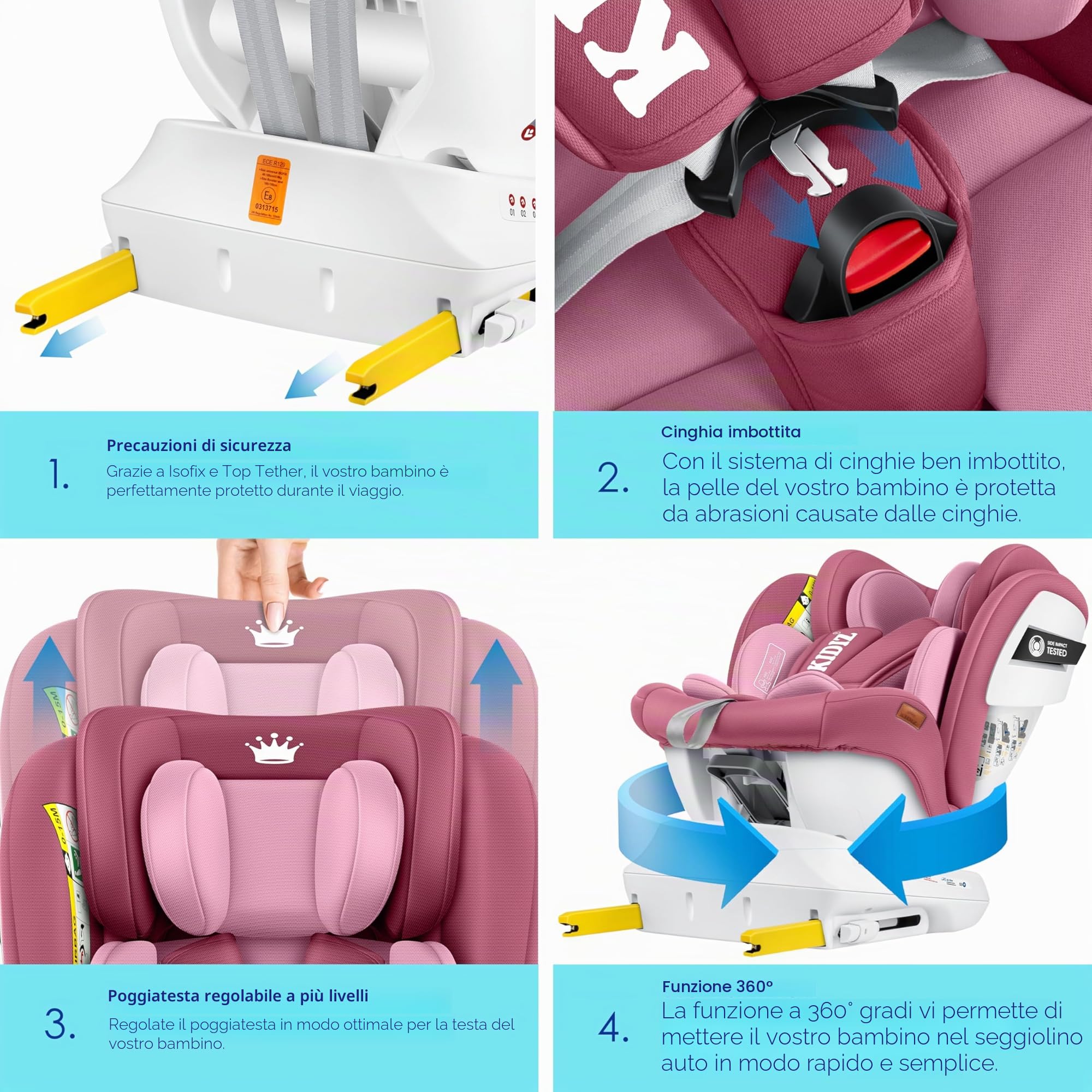 KIDIZ® Seggiolino auto per bambini Seggiolino auto per neonati Seggiolino auto per bambini Isofix Top Tether Girevole a 360° Gruppo 0/1/2/3 dalla nascita 0-36kg (Rosa)