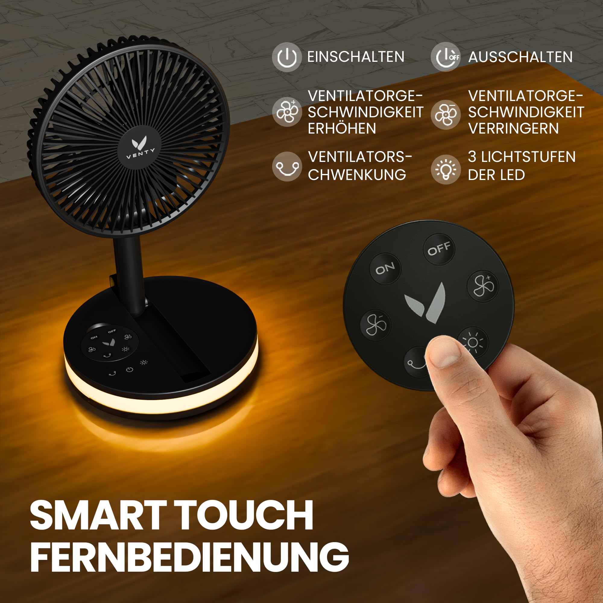 VENTY Tragbarer Ventilator - Faltbarer Ventilator Akku mit Transporttasche, Ladeanschluss und USB-Anschluss - 4 Geschwindigkeiten, Kompakt, Verstellbar - Mit LED Licht und Fernbedienung - Portable Fan