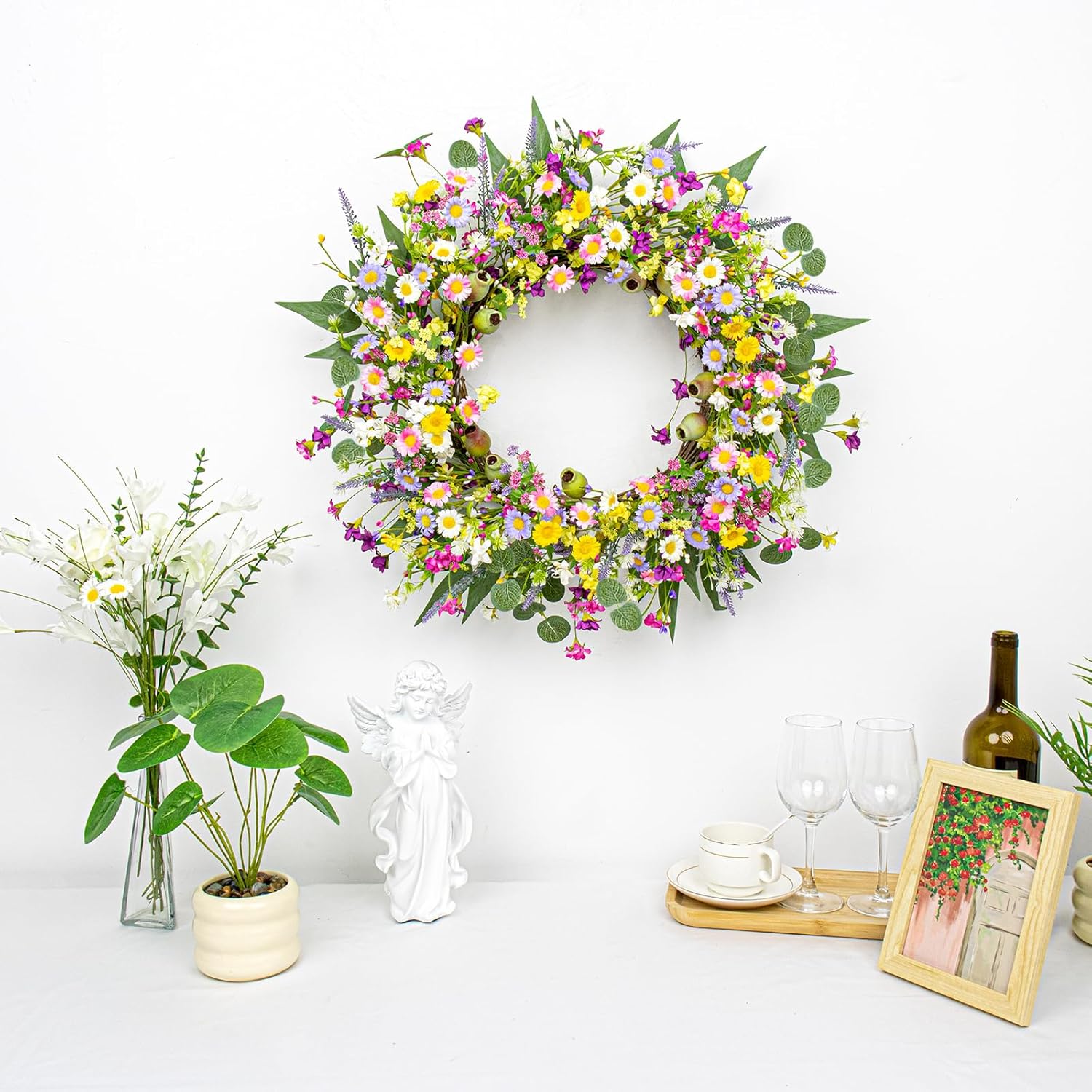 22 Inches Spring Wreaths for Front Door Rustic Spring Floral Wreath Summer Door Wreaths Wildflower Wreath with Lavender Daisy for Indoors Windows Porch Wall Outside