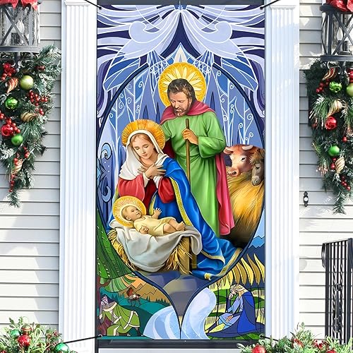 Miniatura 4 de Decoraciones de Navidad para exteriores, cubierta de puerta de Navidad, pesebre, escena religiosa, pancarta de puerta de Navidad, telón de fondo