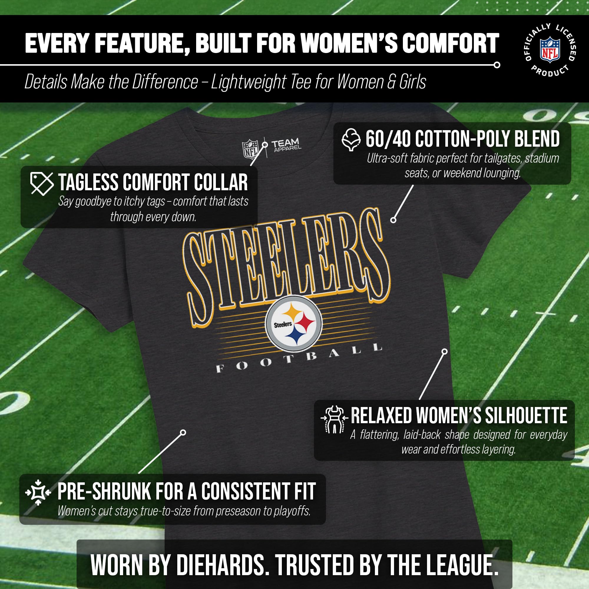 Team Fan Apparel NFL Damen Overtime Blueprint Tag-Less T-Shirt, Damen-Fußball-T-Shirt, kurzärmelig, weiche Baumwolle, Vintage