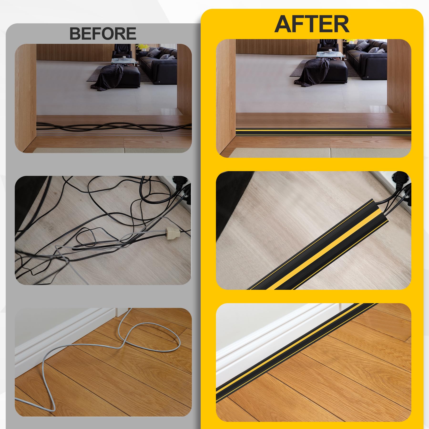 Cubierta de cable de suelo de 10 pies, 2 unidades de PVC resistente, protector de cables eléctricos, gestión, tira de extensión de suelo, cubierta de cable para cables en el canal interior del suelo,