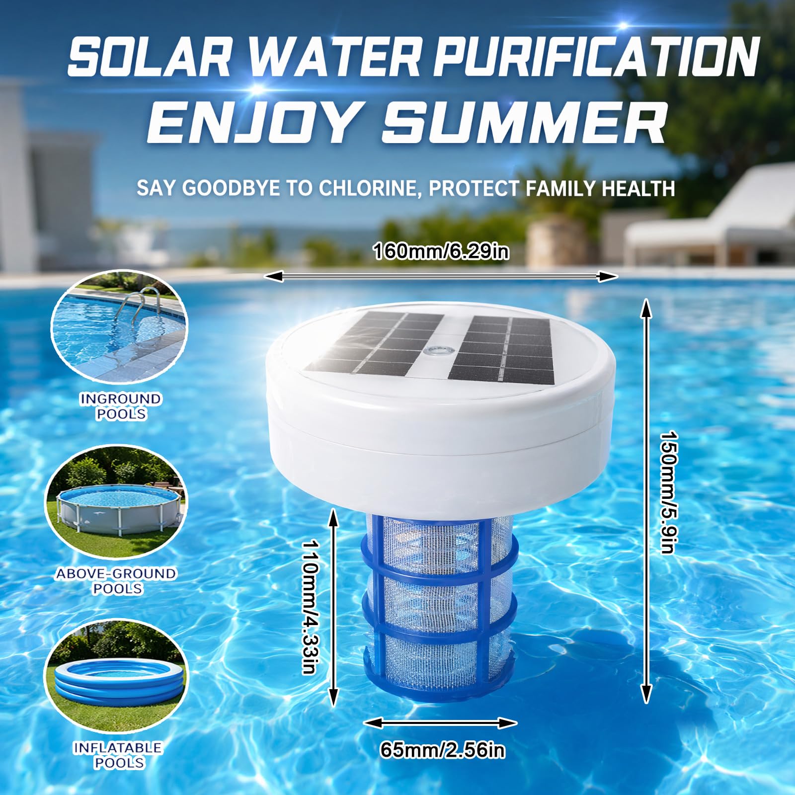 Solar Pool Ionisator, Automatischer Wasserreiniger, Solar Poolreiniger mit Mehrfarbige LED-Leuchten, Kupfer Ionreiniger Pool Zubehör für Aufstellpool und Einbautbecken