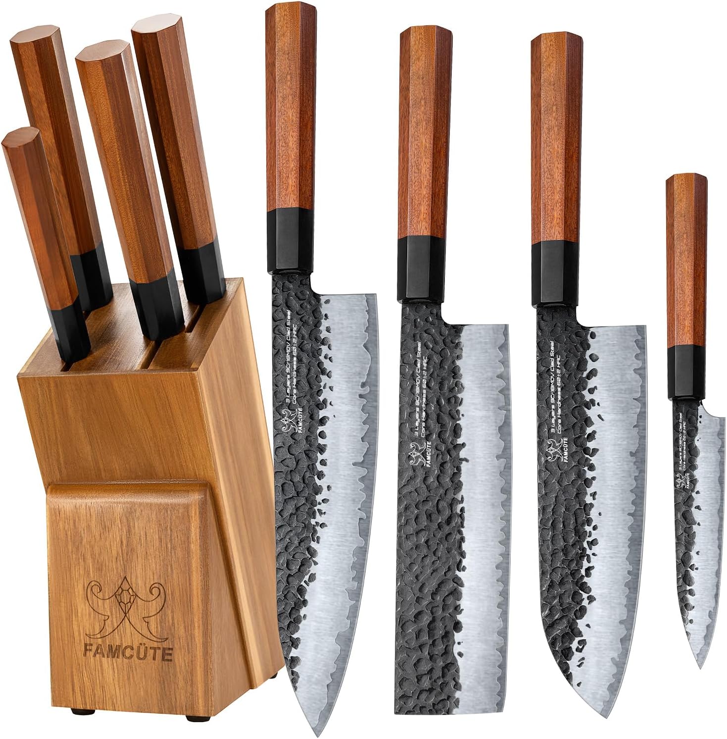 Japanese Knife Block Set, Hand Forged 5-Layer 9CR18MOV Clad Steel Ultra Sharp Kitchen Knives with Wooden Storage & Rosewood Handle, Includes Chef, Santoku, Nakiri, Fruit Knife for Home Mom/Dad Japanese Knife Block Set, Hand Forged 5-Layer 9CR18MOV Clad Steel Ultra Sharp Kitchen Knives with Wooden Storage & Rosewood Handle, Includes Chef, Santoku, Nakiri, Fruit Knife for Home Mom/Dad