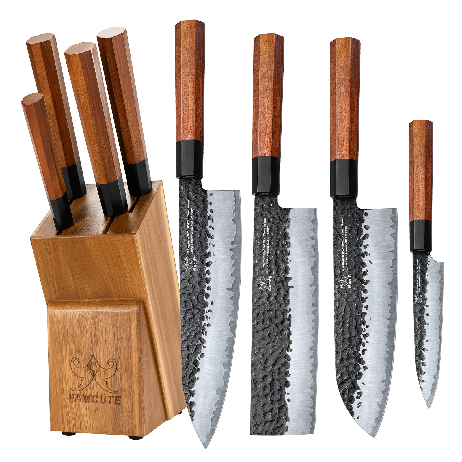 Japanese Knife Block Set, Hand Forged 5-Layer 9CR18MOV Clad Steel Ultra Sharp Kitchen Knives with Wooden Storage & Rosewood Handle, Includes Chef, Santoku, Nakiri, Fruit Knife for Home Mom/Dad