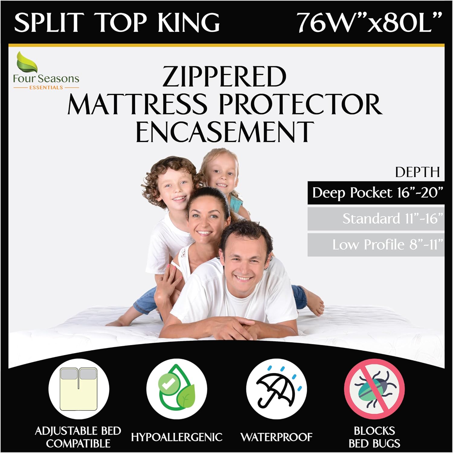 Split Top King Head Mattress Encasement 76" x 80" - Waterproof Zippered Protector Hypoallergenic Premium Quality Deep Pocket Cover for Adjustable Beds and Split Head Mattresses (16"-20" Depth)