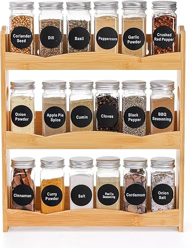Jucoan Estante de especias de bambú de 3 niveles para encimera, soporte de especias montado en la pared, estante organizador de frascos, estante