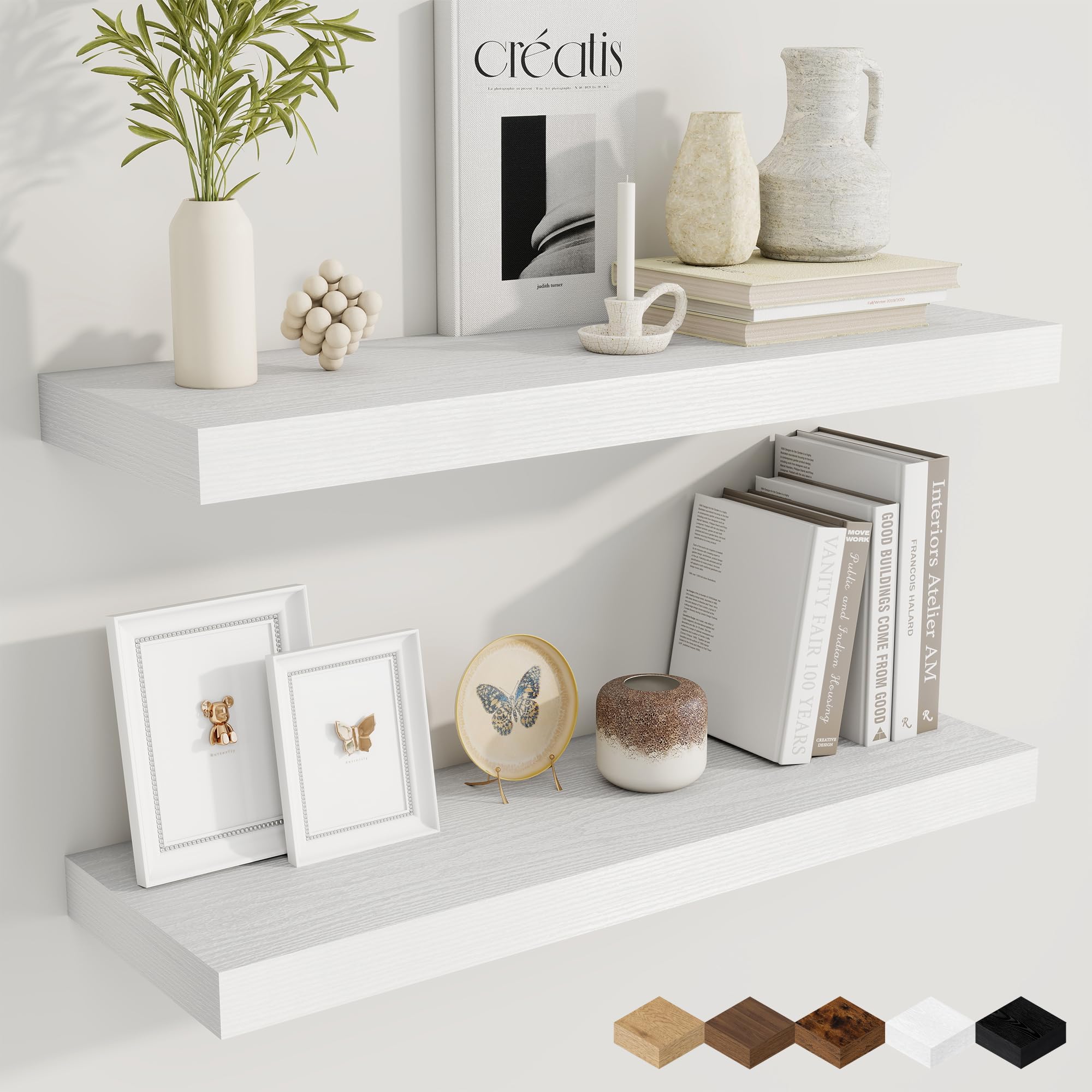 Fun Memories 76cm Floating Shelves for Wall, 23.5cm Deep White Rustic Wood Wall Mounted Shelves for Bathroom, Bedroom, Living Room, Set of 2