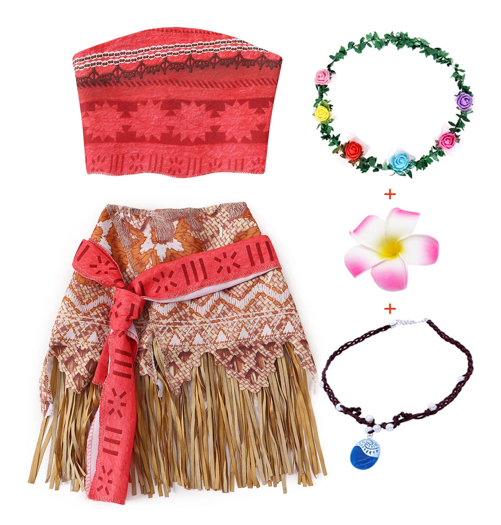 AmzBarley Girls Moana Costume Fancy Dress up Outfit for Kids Halloween Birthday Princess Cosplay Crop Top + Tassel Skirts Two-Pieces Clothing Set